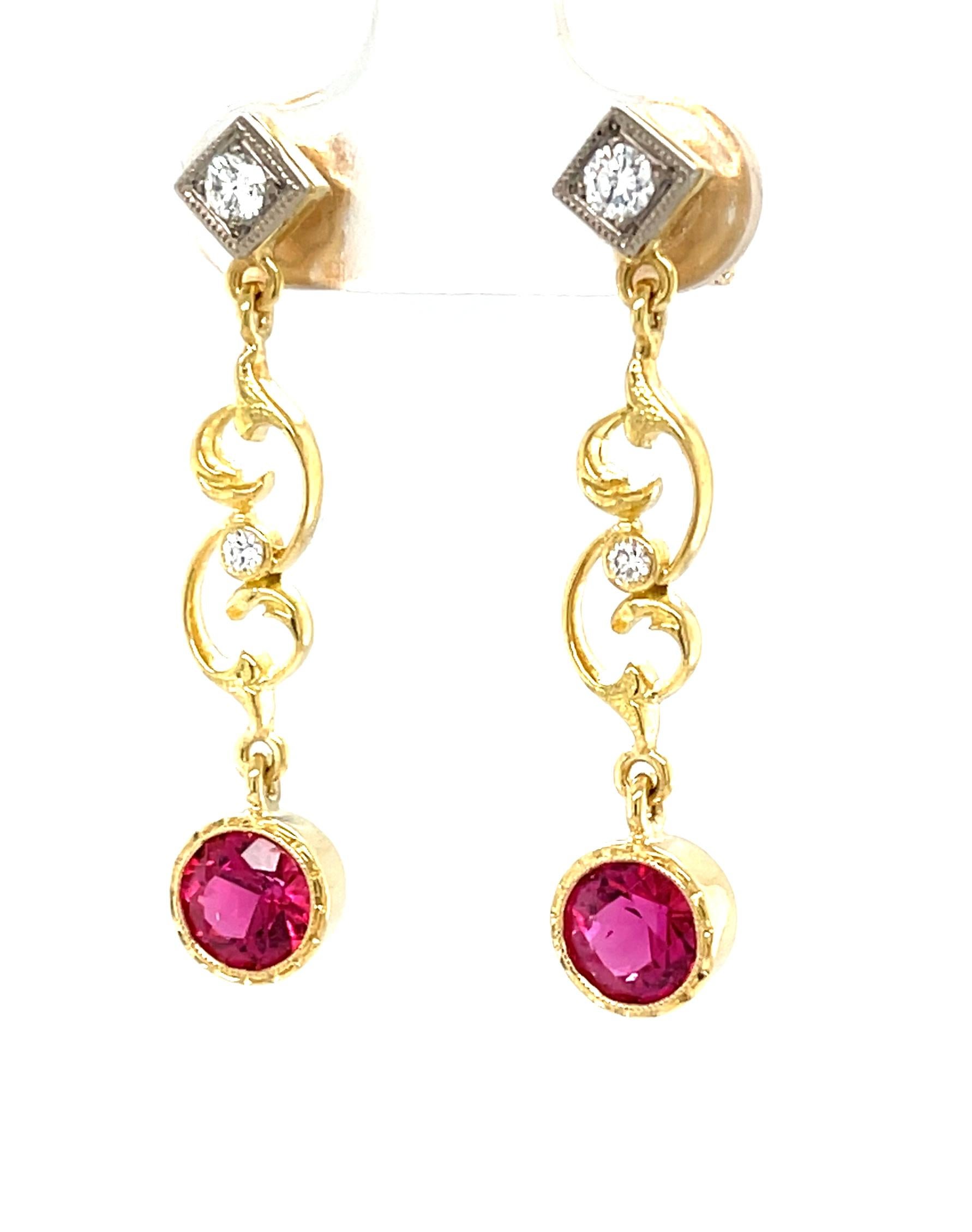 Artisan Rubellite Tourmaline and Diamond Dangle Earrings in 18k White and Yellow Gold For Sale