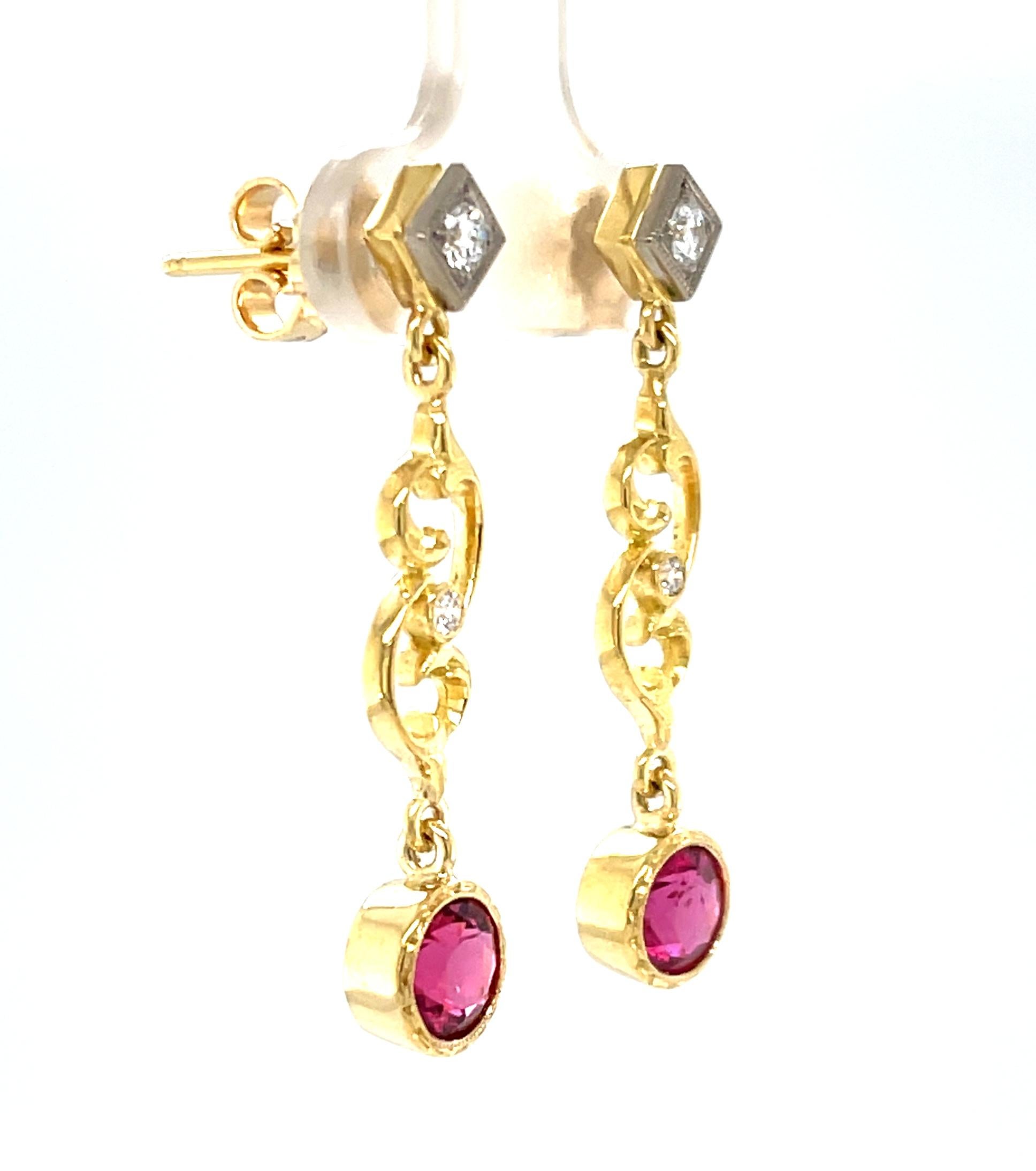 Round Cut Rubellite Tourmaline and Diamond Dangle Earrings in 18k White and Yellow Gold For Sale