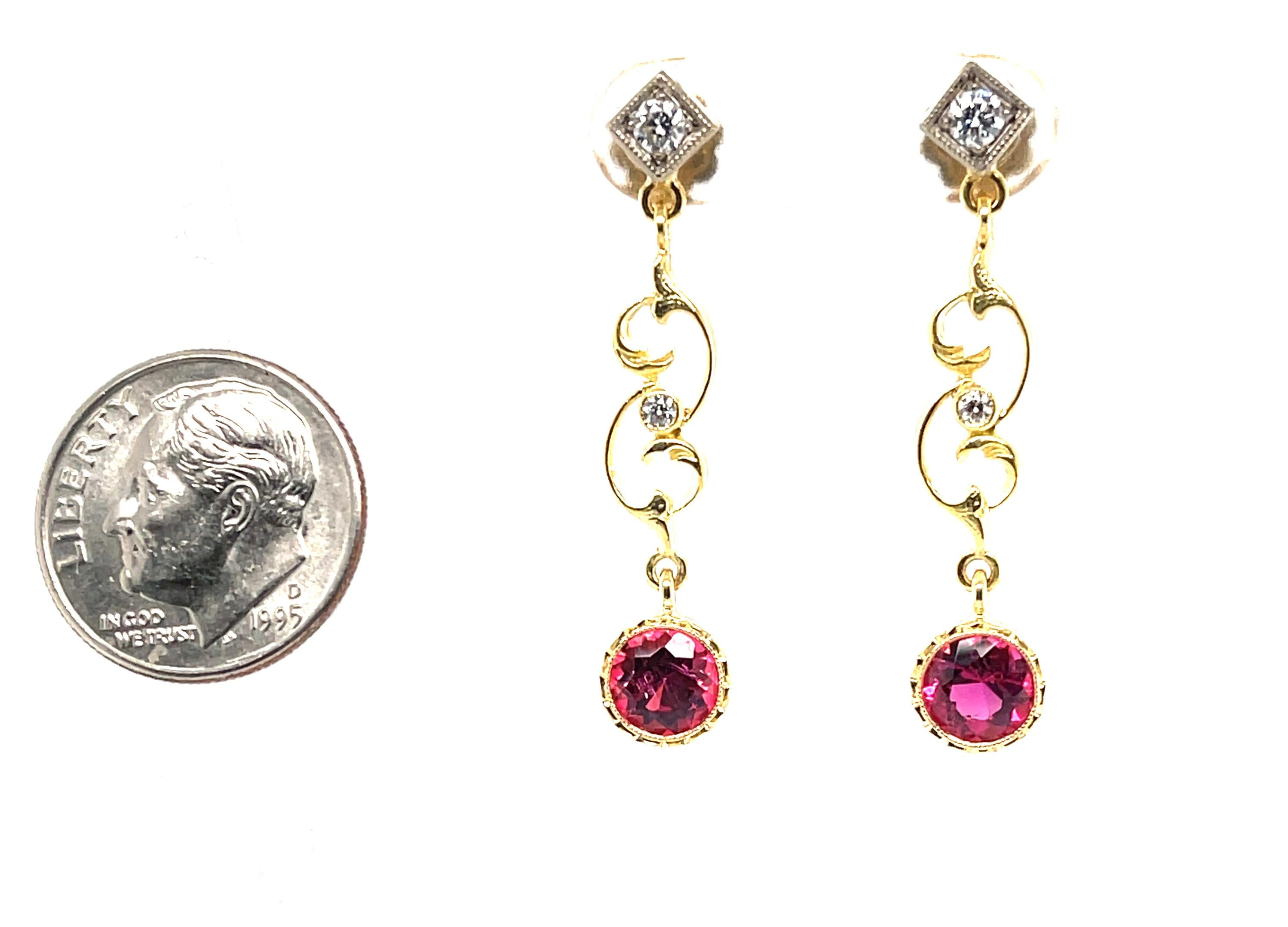 Rubellite Tourmaline and Diamond Dangle Earrings in 18k White and Yellow Gold In New Condition For Sale In Los Angeles, CA