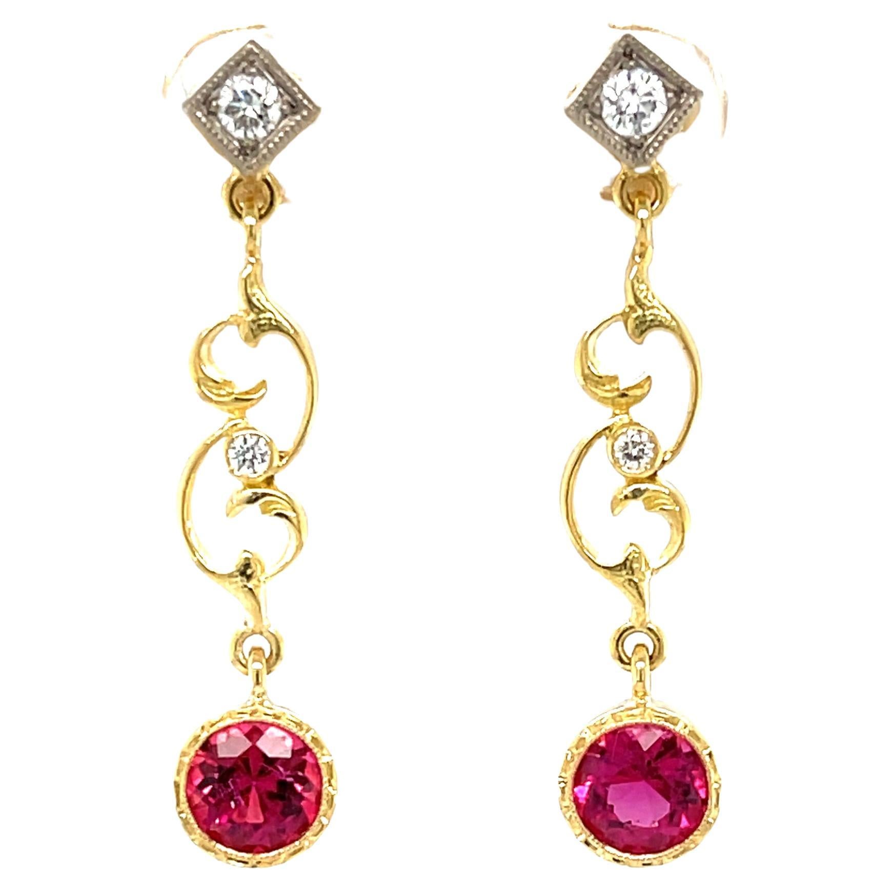 Rubellite Tourmaline and Diamond Dangle Earrings in 18k White and Yellow Gold