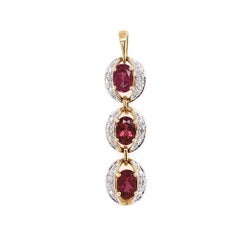 Rubellite Tourmaline and Diamond Gemstone 3 Drop Gold Vintage Pendant Necklace