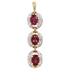 Rubellite Tourmaline and Diamond Gemstone 3 Drop Gold Vintage Pendant Necklace