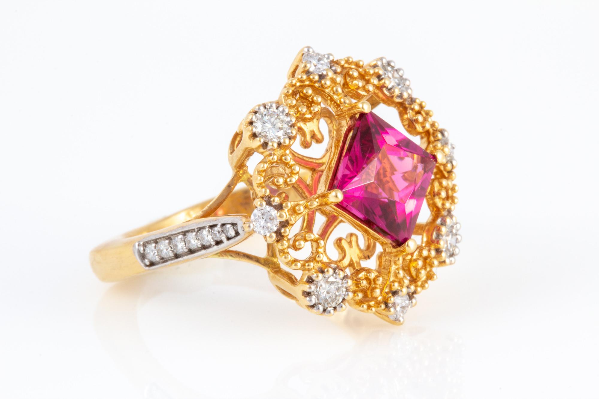 Princess Cut Rubellite Tourmaline and Diamond Ring set in 18 kt Gold For Sale