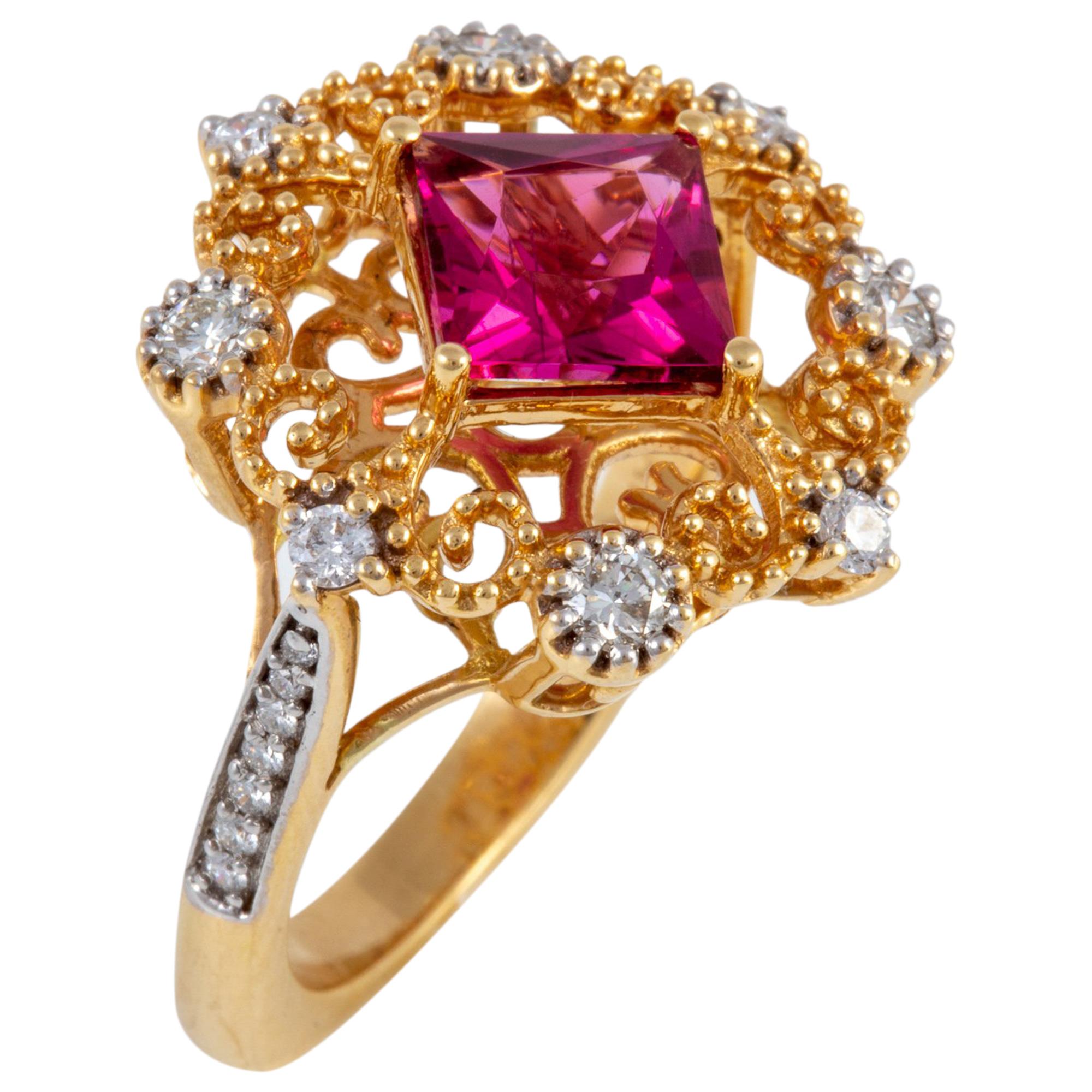 Rubellite Tourmaline and Diamond Ring set in 18 kt Gold