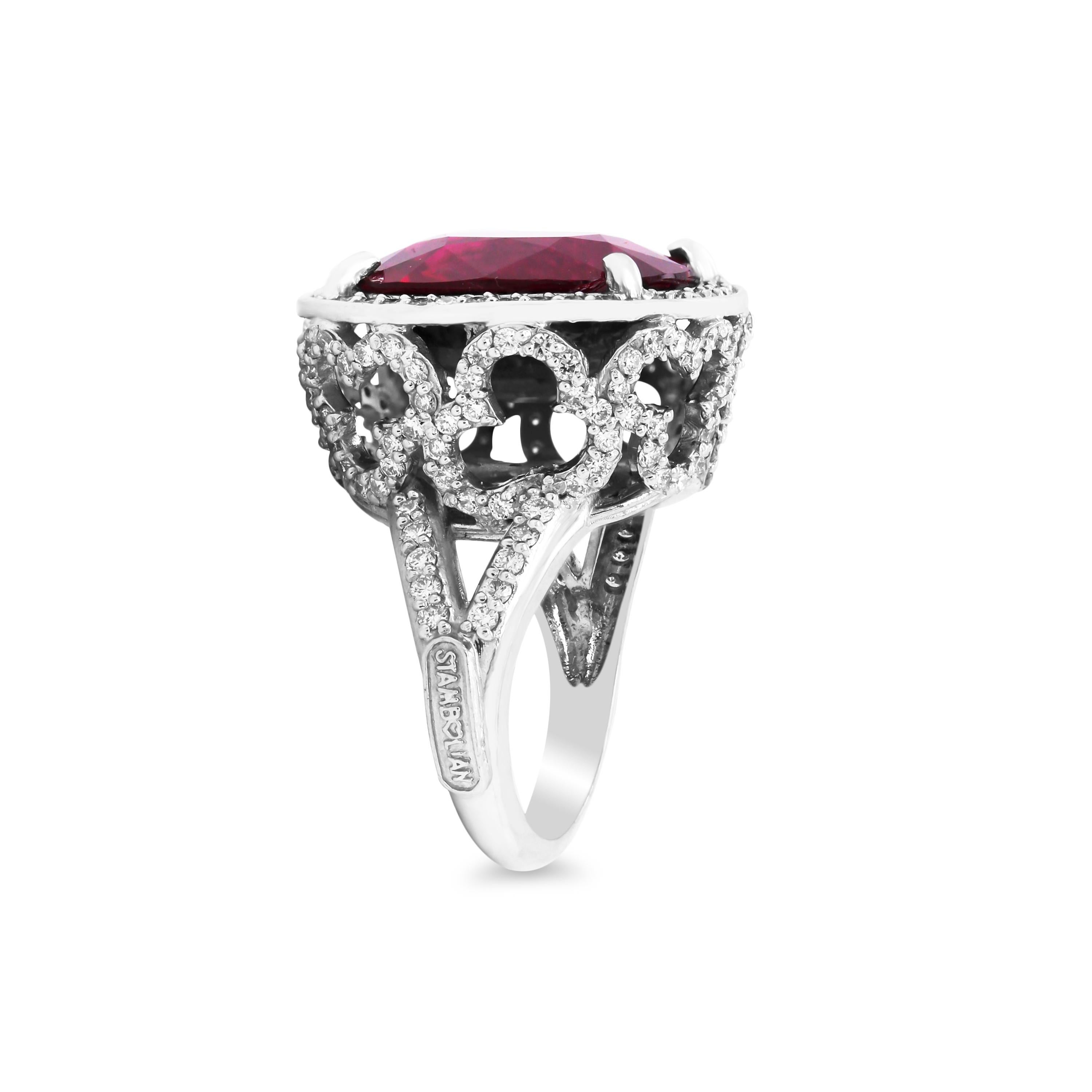 Stambolian 18K White Gold Diamond Cushion Cut Rubellite Center Cocktail Ring In New Condition In Boca Raton, FL