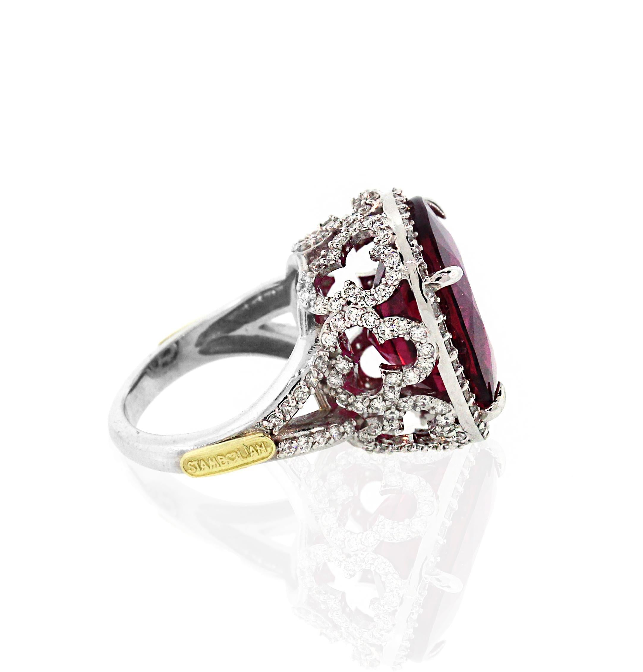 Rubellite Tourmaline and Diamond White Gold Cocktail Ring Stambolian In Excellent Condition In Boca Raton, FL