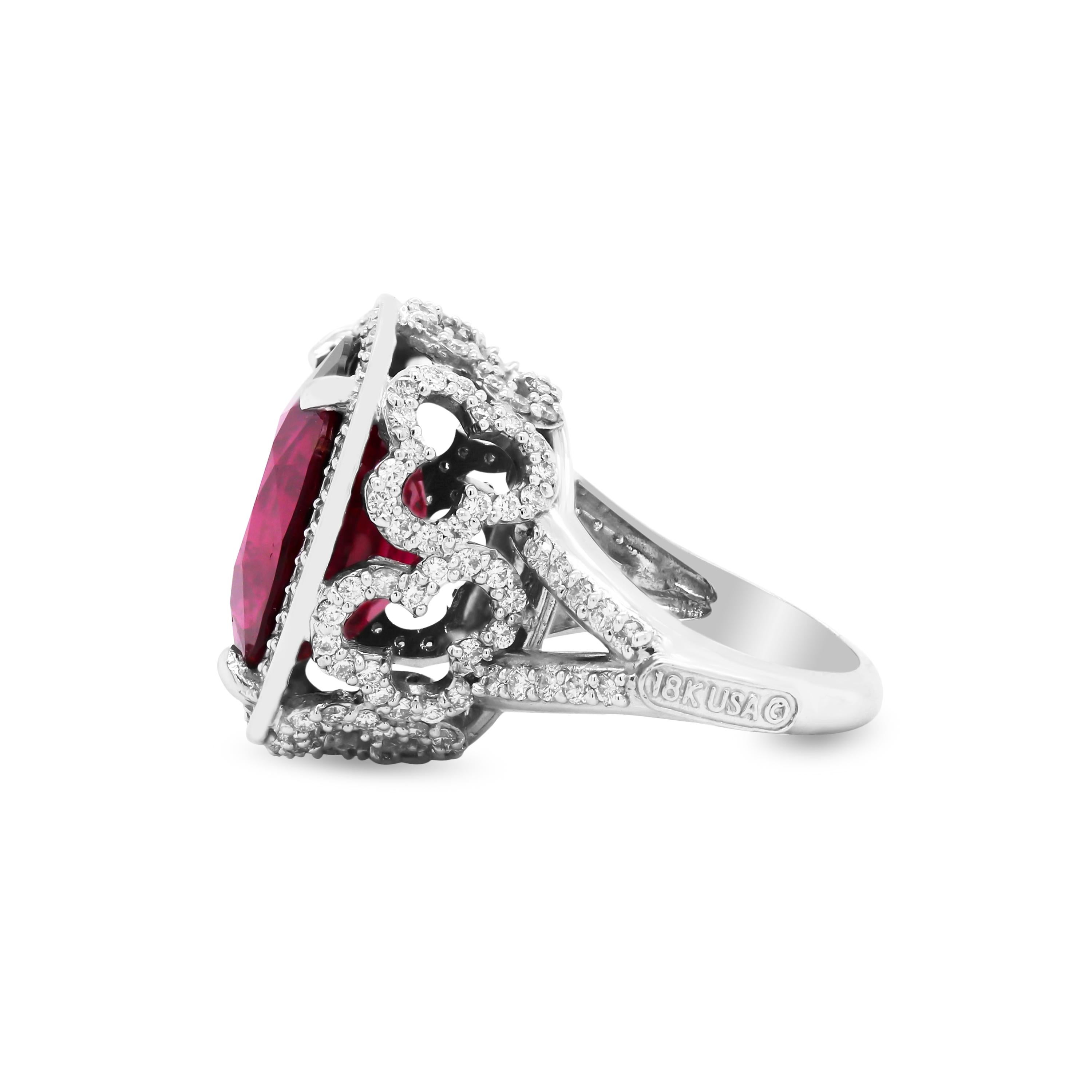 Stambolian 18K White Gold Diamond Cushion Cut Rubellite Center Cocktail Ring 2