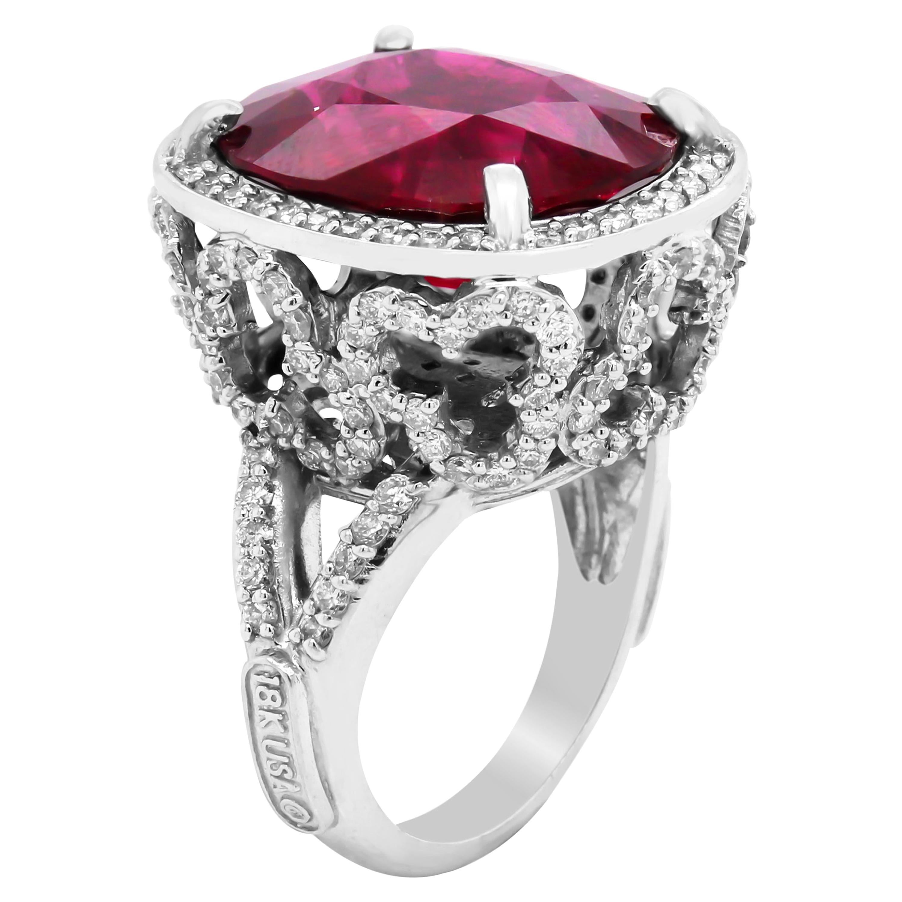 Stambolian 18K White Gold Diamond Cushion Cut Rubellite Center Cocktail Ring