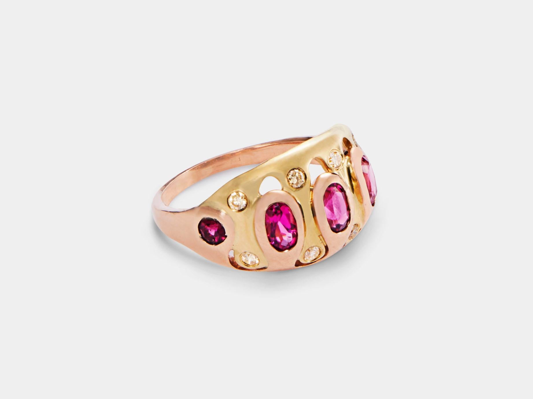 Jigsaw Ring with Rubellite Tourmaline from modern fine jewelry house, Baker & Black. A mix of metals and gems, this cocktail ring is just crazy enough to work.  

• rubellite tourmaline
• yellow diamonds, weighing .24cttw
• measures 12mm (½