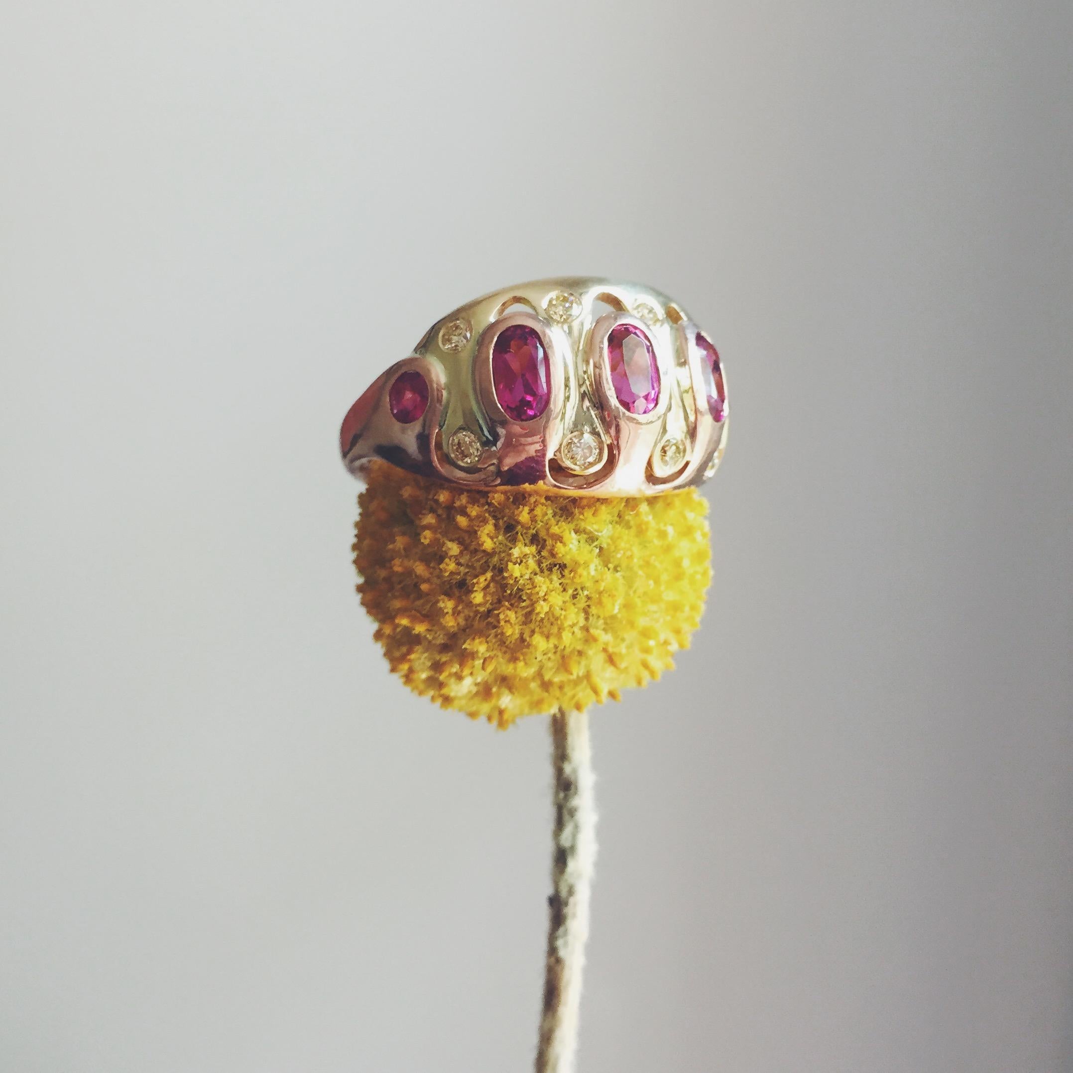 Oval Cut Rubellite Tourmaline and Yellow Diamond Mixed Metal Cocktail Ring For Sale