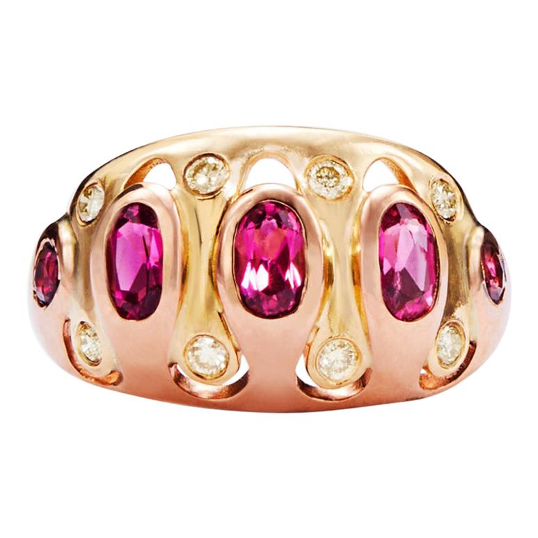 Rubellite Tourmaline and Yellow Diamond Mixed Metal Cocktail Ring For Sale