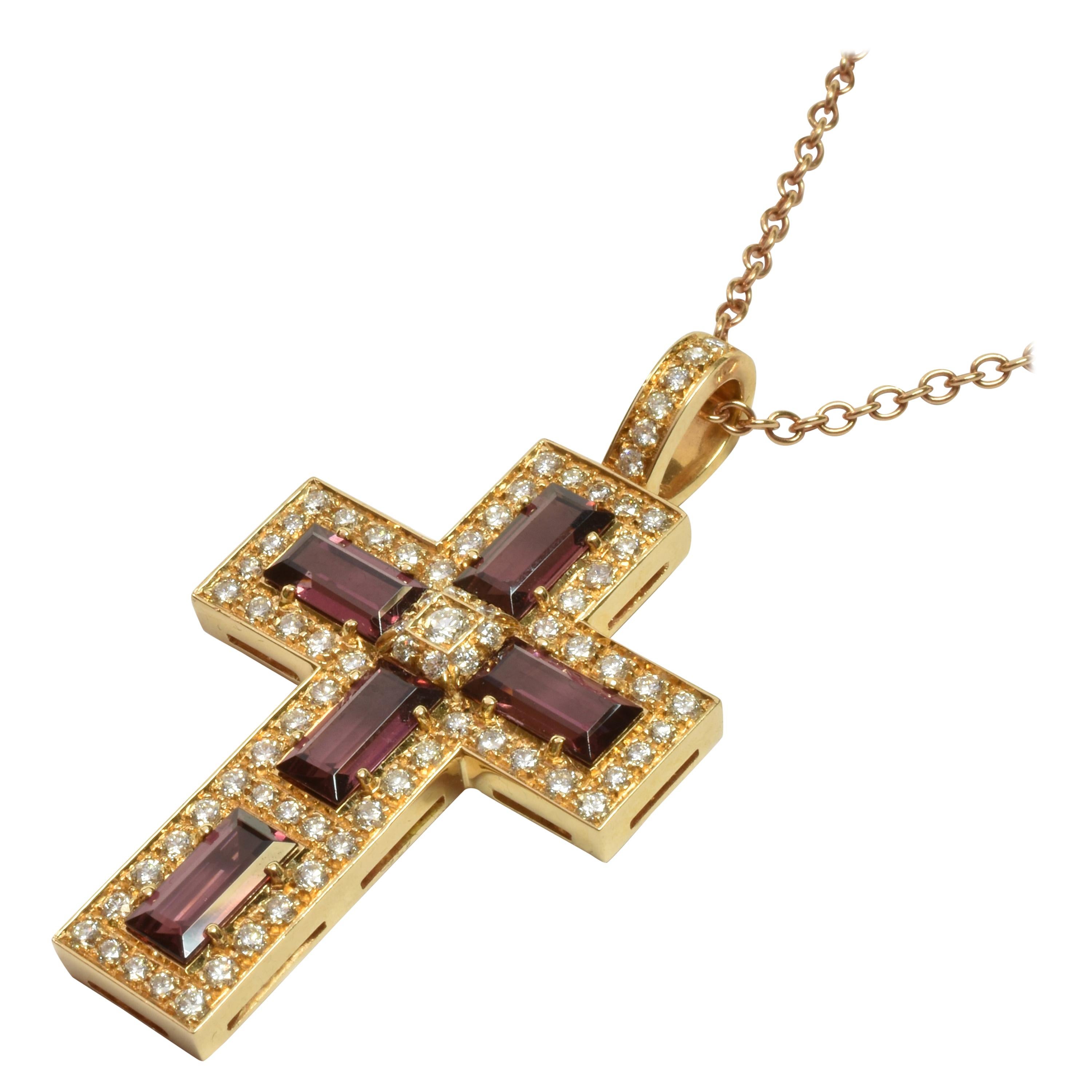 Rubellite Tourmaline Baguettes and Diamond Gold Cross, Italy For Sale