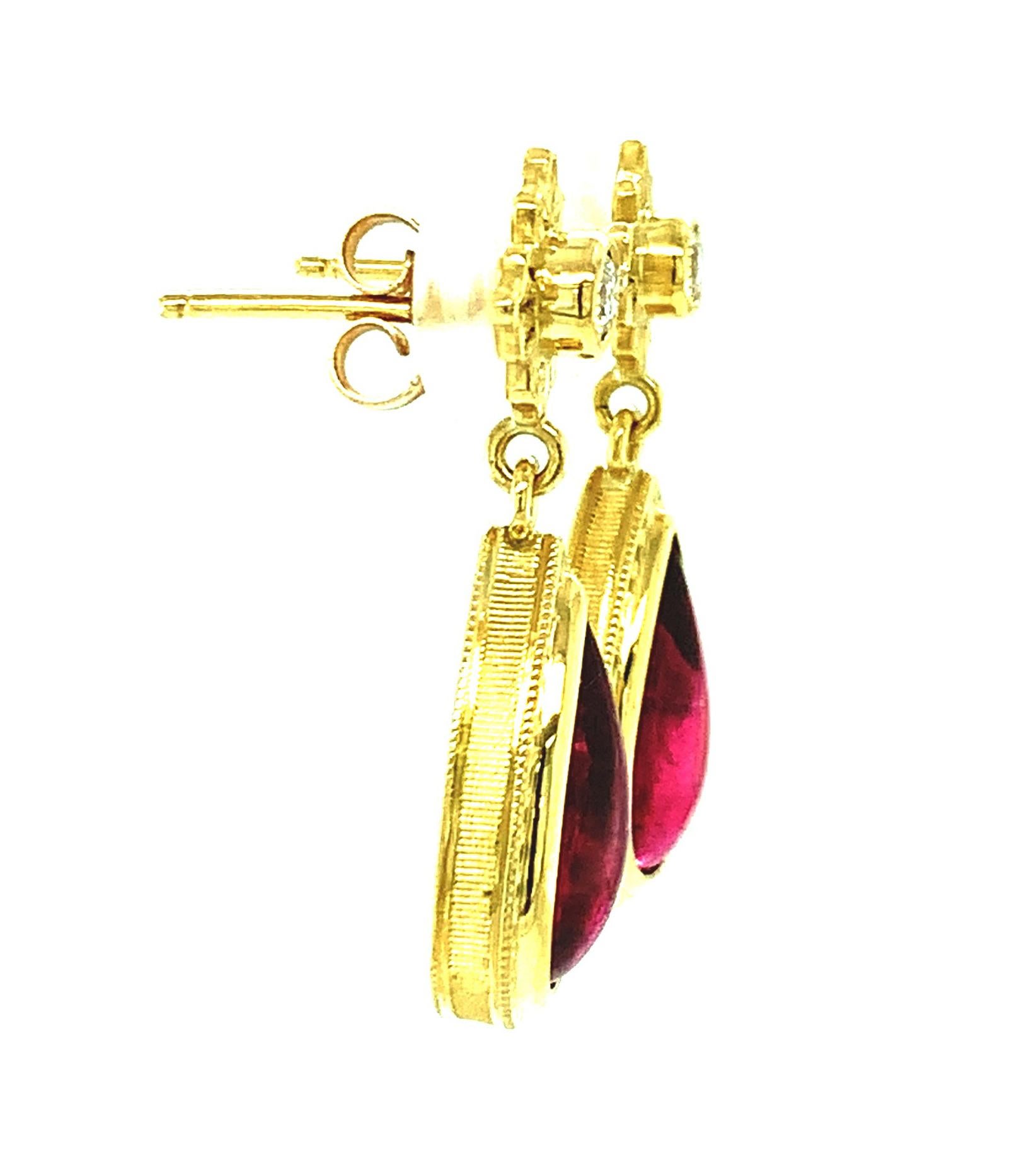 Artisan Rubellite Tourmaline Cabochon & Diamond Yellow Gold Bezel Dangle Drop Earrings