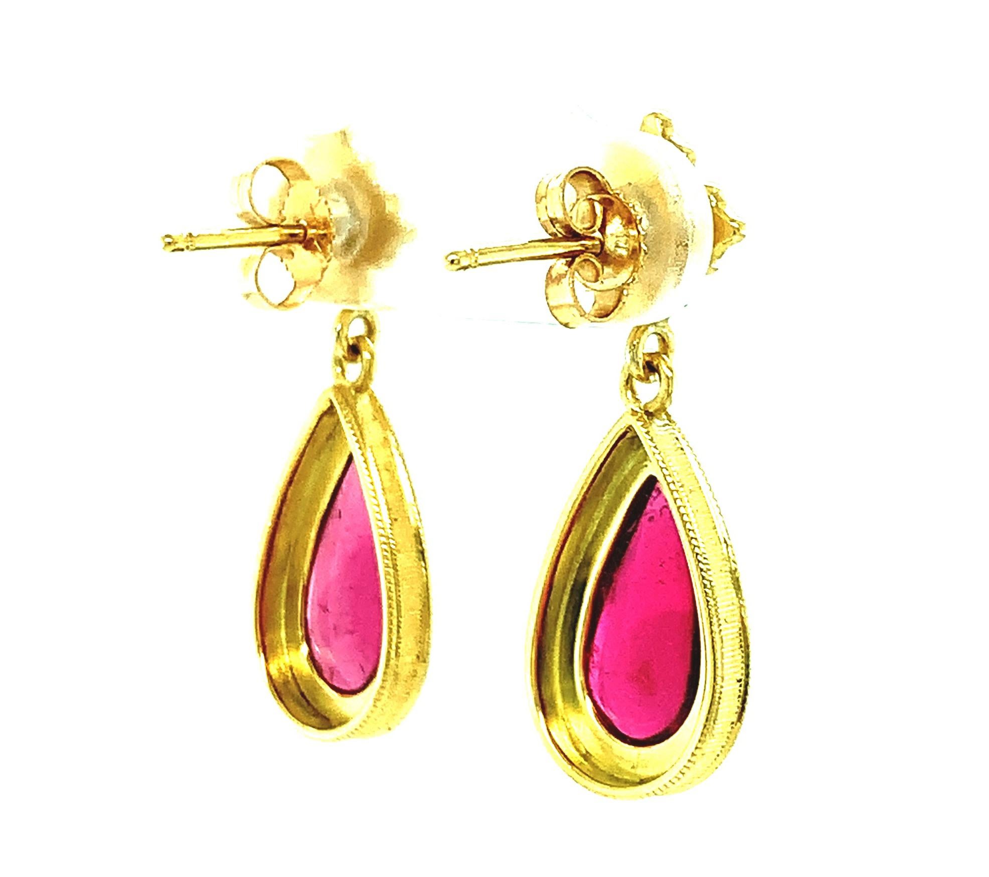 Women's or Men's Rubellite Tourmaline Cabochon & Diamond Yellow Gold Bezel Dangle Drop Earrings