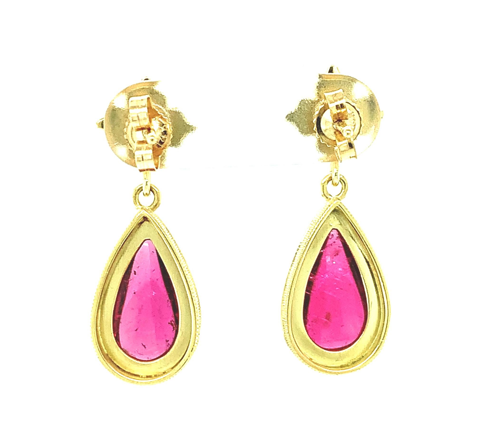 Rubellite Tourmaline Cabochon & Diamond Yellow Gold Bezel Dangle Drop Earrings 1