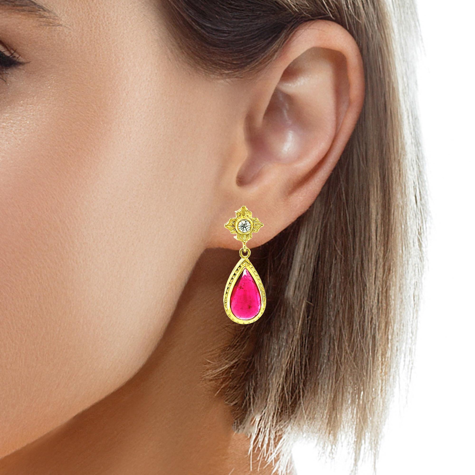 Rubellite Tourmaline Cabochon & Diamond Yellow Gold Bezel Dangle Drop Earrings 3