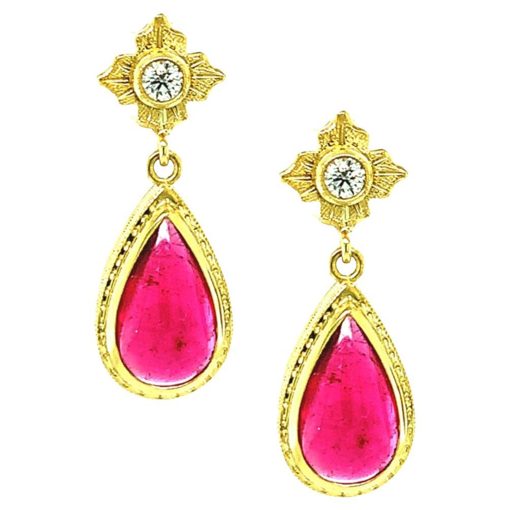 Rubellite Tourmaline Cabochon & Diamond Yellow Gold Bezel Dangle Drop Earrings