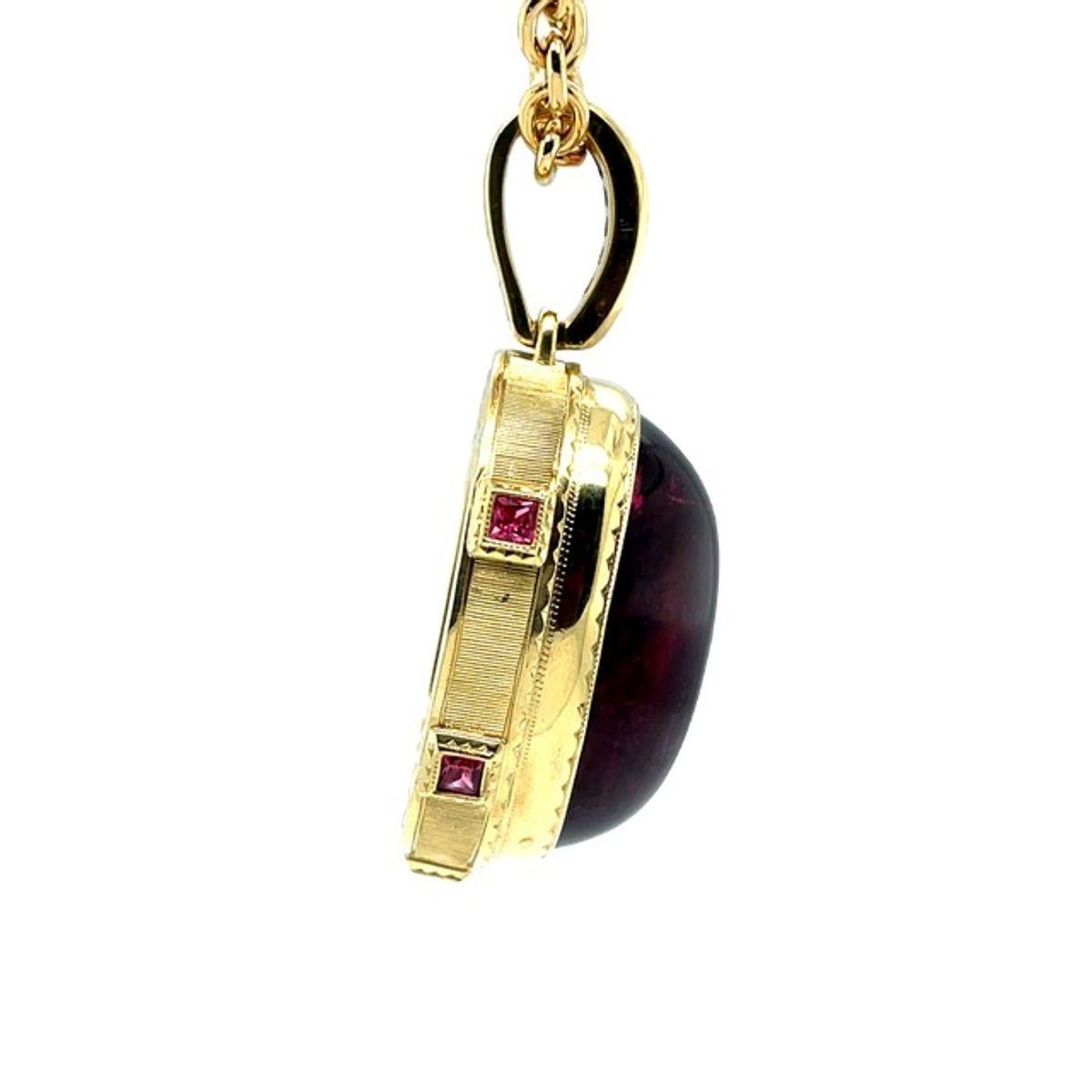 Artisan Rubellite Tourmaline Cabochon Pendant with Pink Spinel in Yellow Gold, 81 Carats For Sale