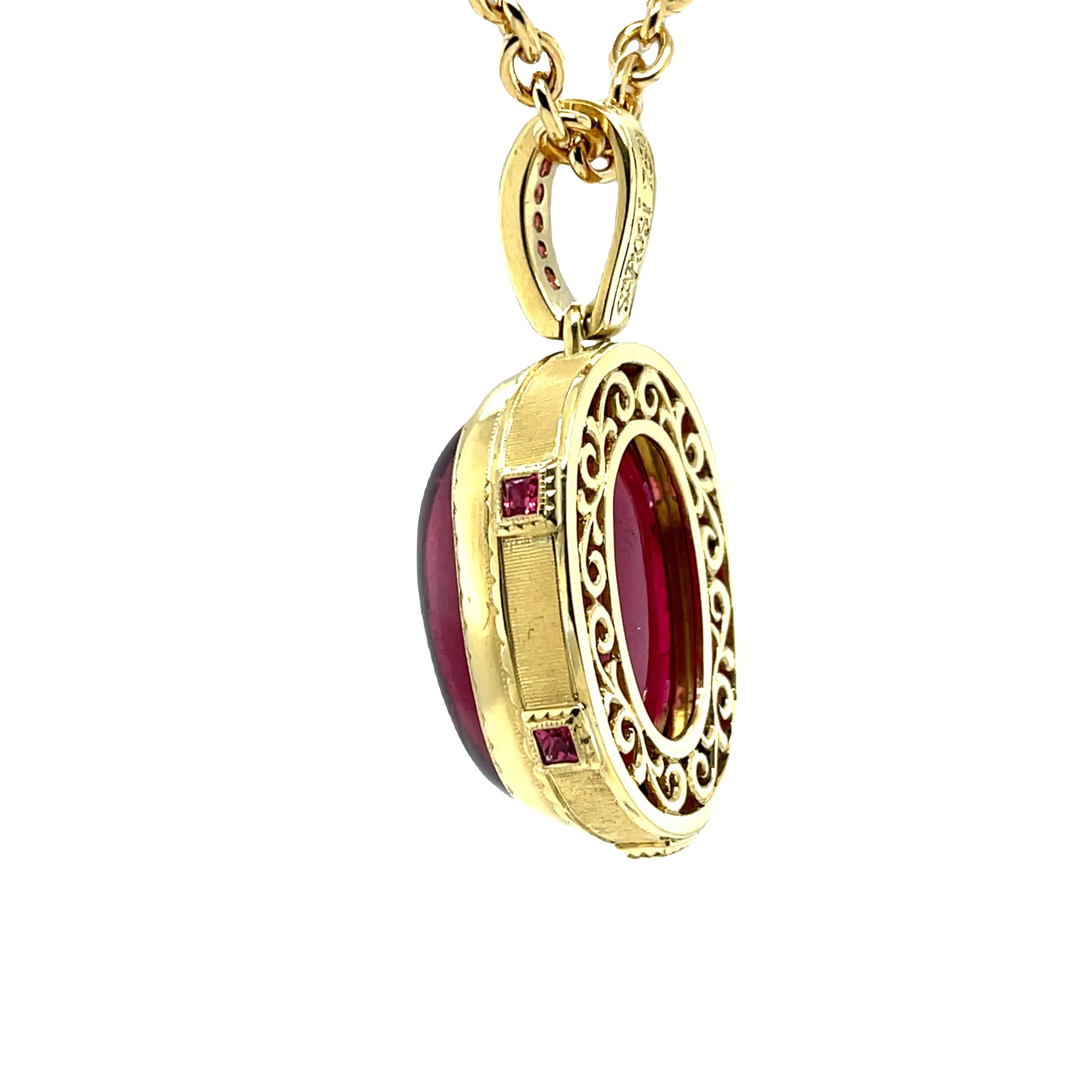 Women's or Men's Rubellite Tourmaline Cabochon Pendant with Pink Spinel in Yellow Gold, 81 Carats For Sale