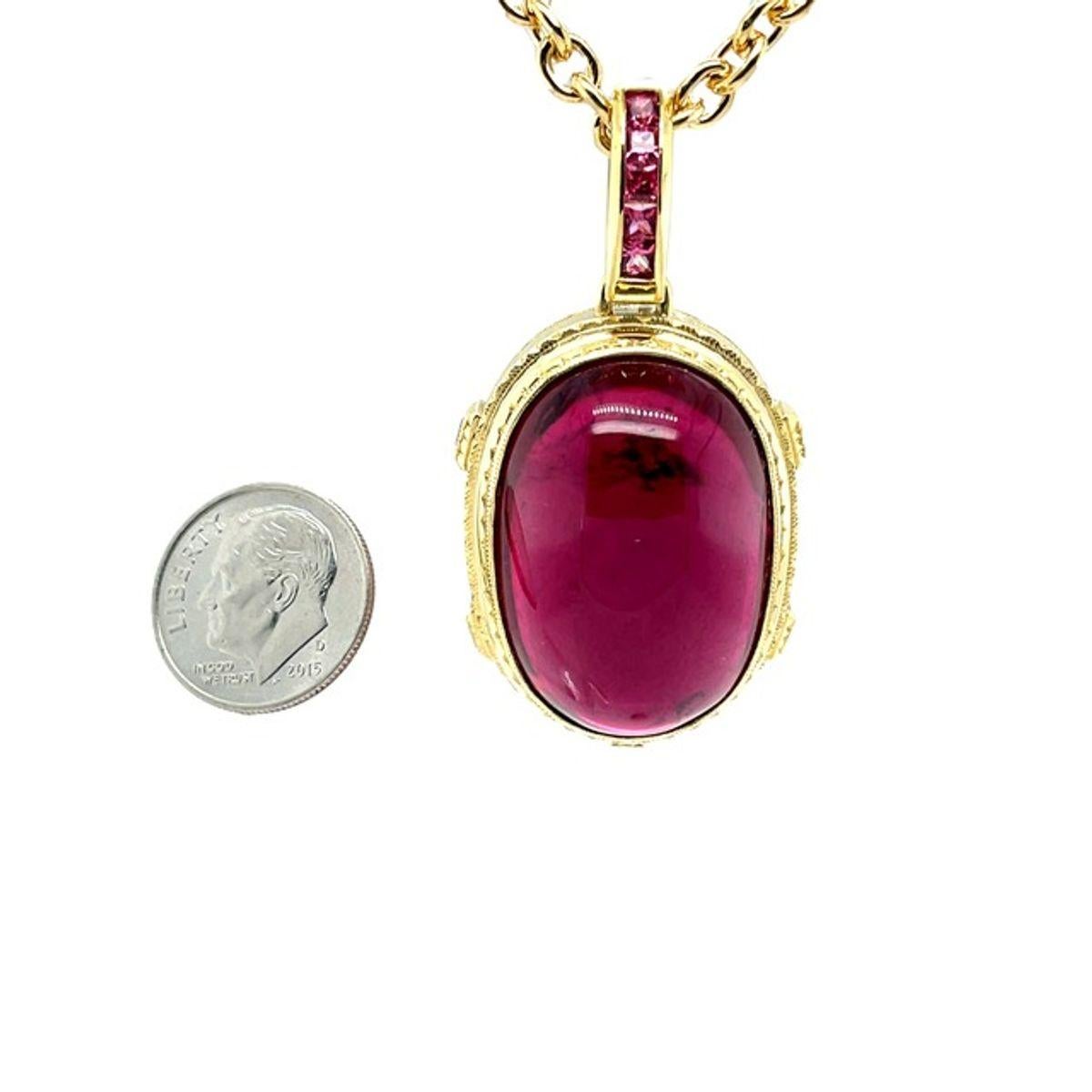 Rubellite Tourmaline Cabochon Pendant with Pink Spinel in Yellow Gold, 81 Carats For Sale 1