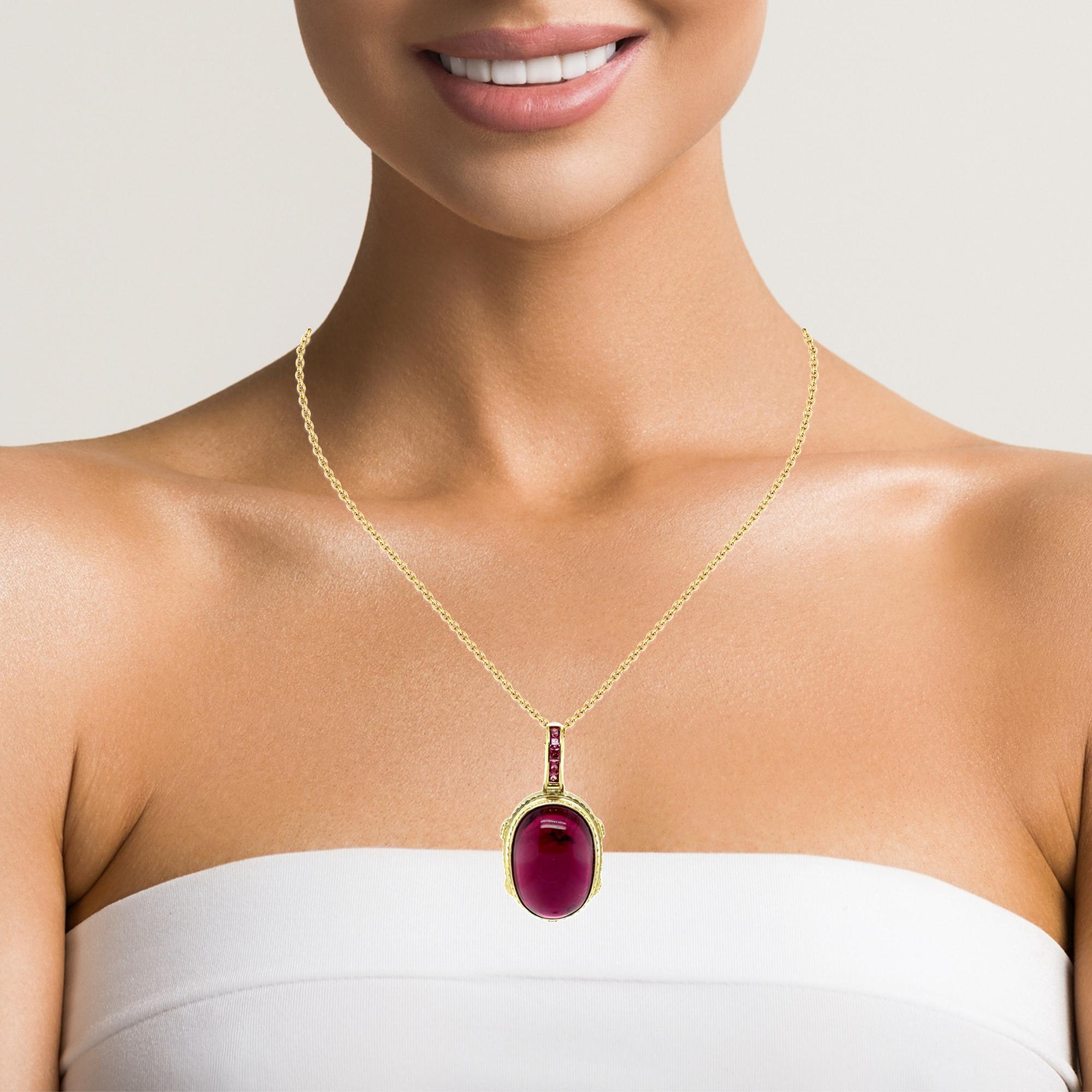 Rubellite Tourmaline Cabochon Pendant with Pink Spinel in Yellow Gold, 81 Carats For Sale 2