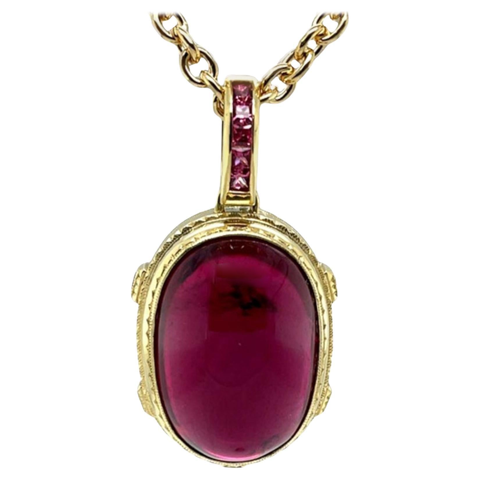 Rubellite Tourmaline Cabochon Pendant with Pink Spinel in Yellow Gold, 81 Carats