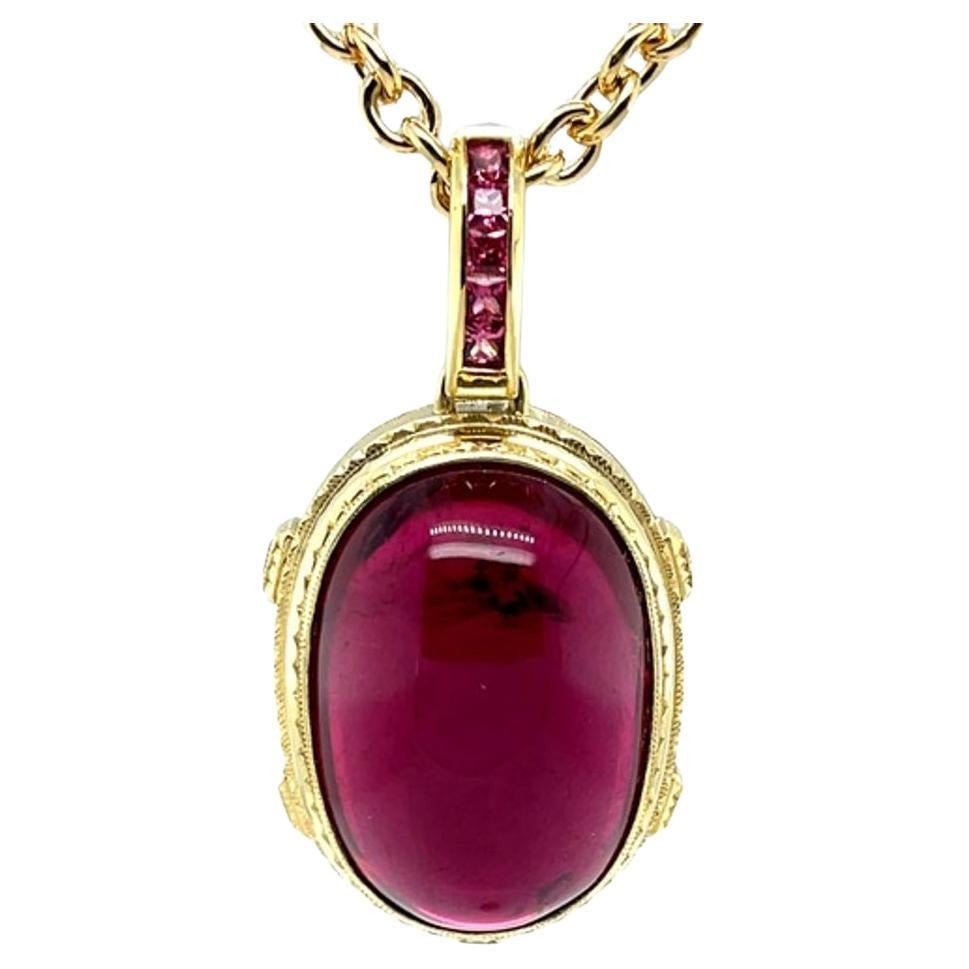 Rubellite Tourmaline Cabochon Pendant with Pink Spinel in Yellow Gold, 81 Carats For Sale