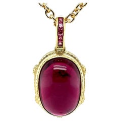 Rubellite Tourmaline Cabochon Pendant with Pink Spinel in Yellow Gold, 81 Carats