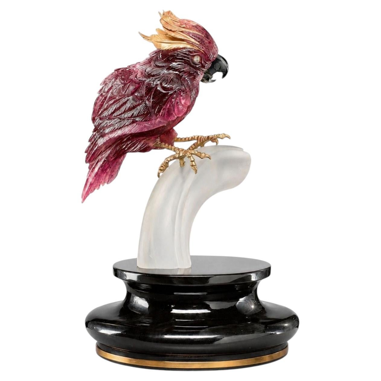Rubellite Tourmaline Cockatoo Sculpture by Manfred Wild for Emil Becker. Germany For Sale