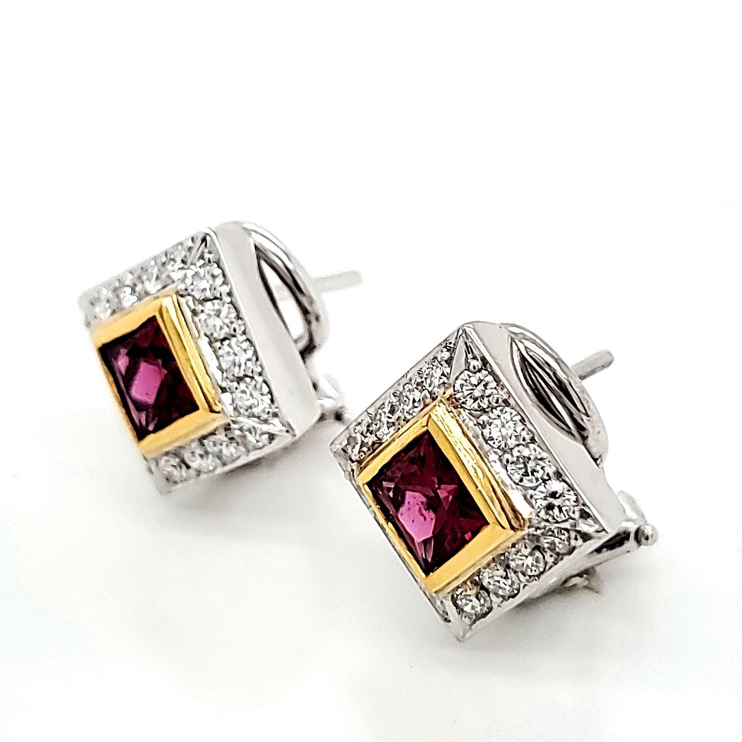 Square Cut Rubellite Tourmaline Cts 1.40 Diamond Earrings For Sale