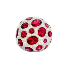 Rubellite Tourmaline Diamond 18K White Gold Dome Cocktail Ring