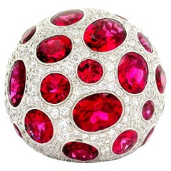 Rubellite Tourmaline Diamond 18K White Gold Dome Cocktail Ring