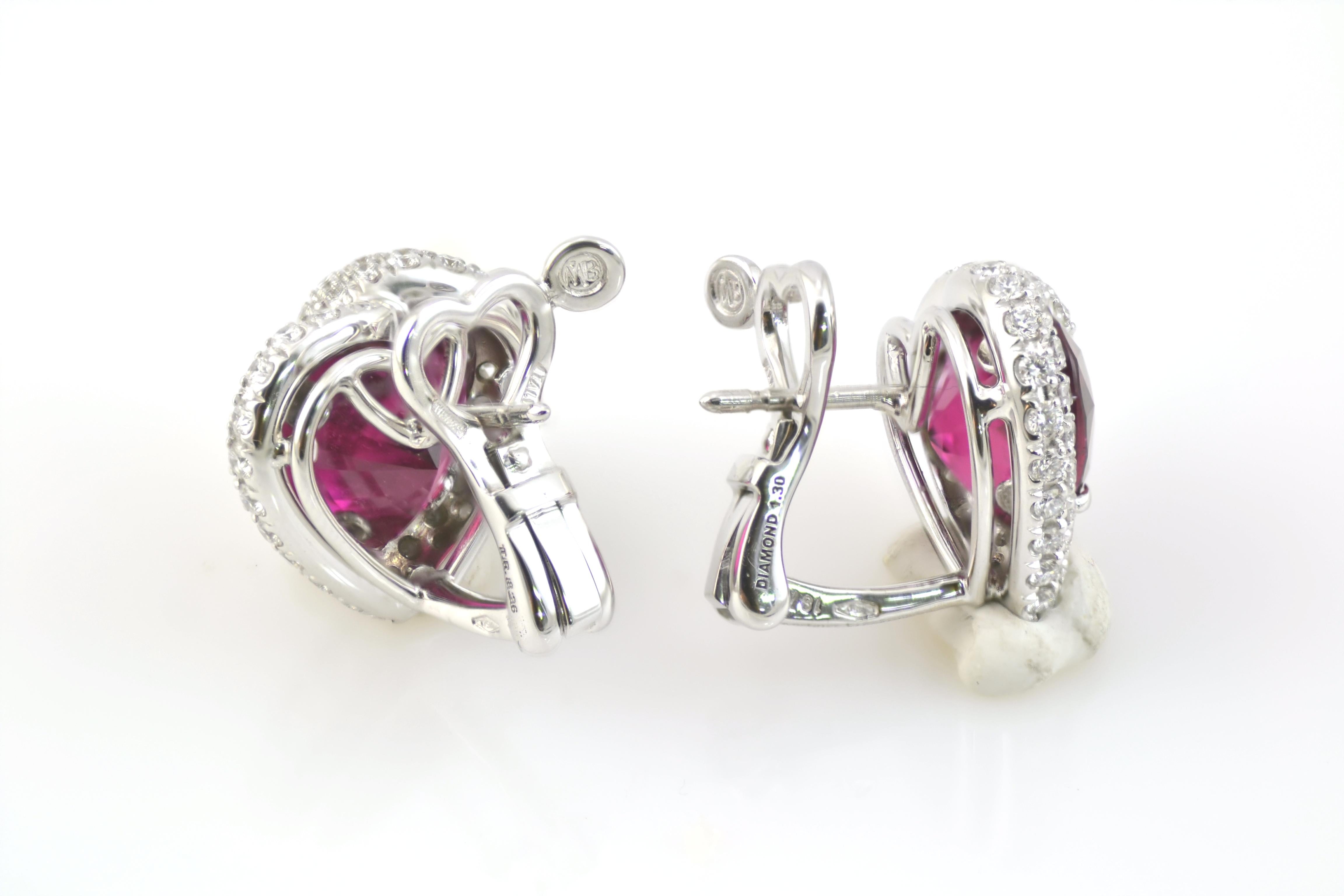Contemporary Rubellite Tourmaline Diamond 18 Kt White Gold Made in Italy Heart Earrings For Sale