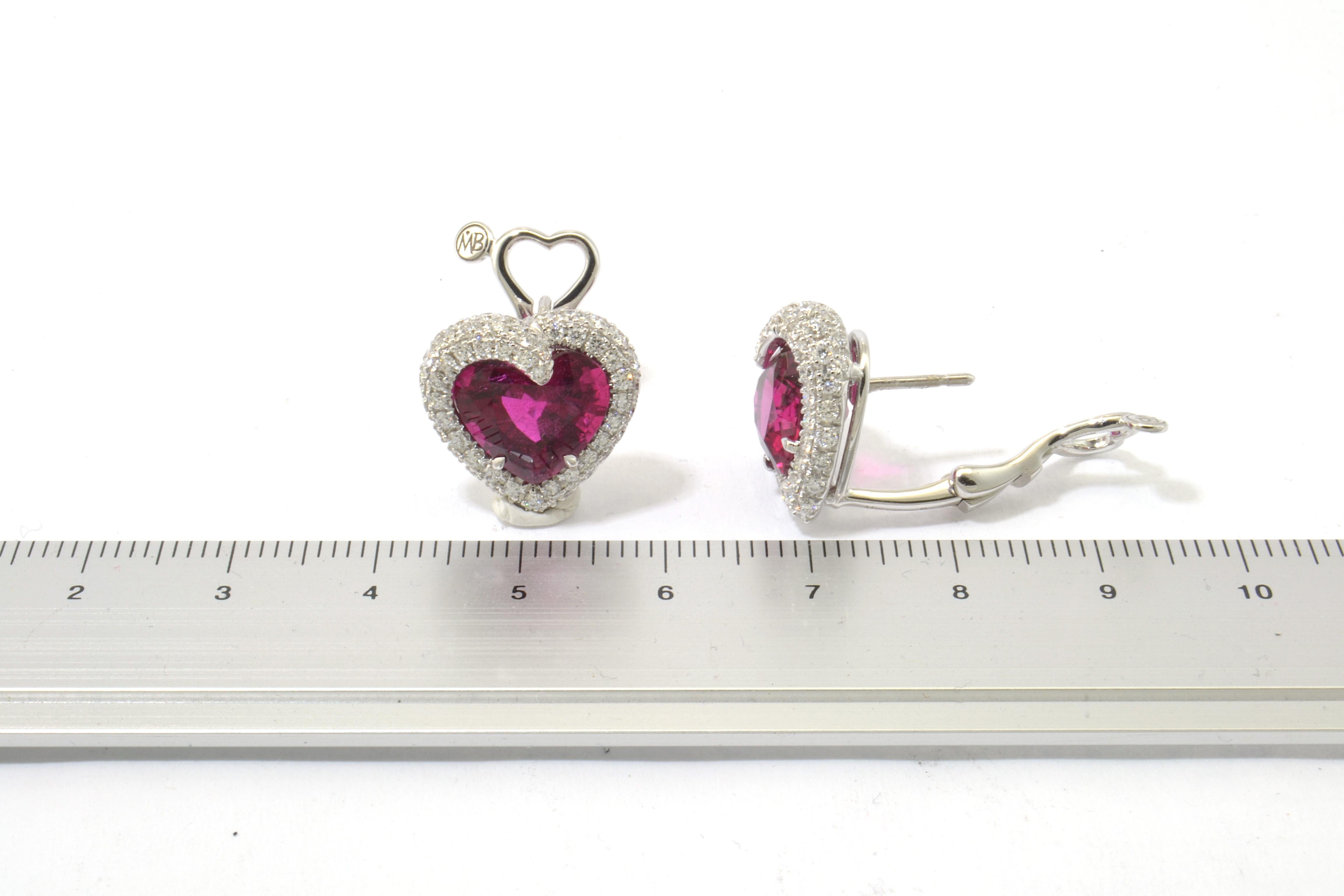 Heart Cut Rubellite Tourmaline Diamond 18 Kt White Gold Made in Italy Heart Earrings For Sale