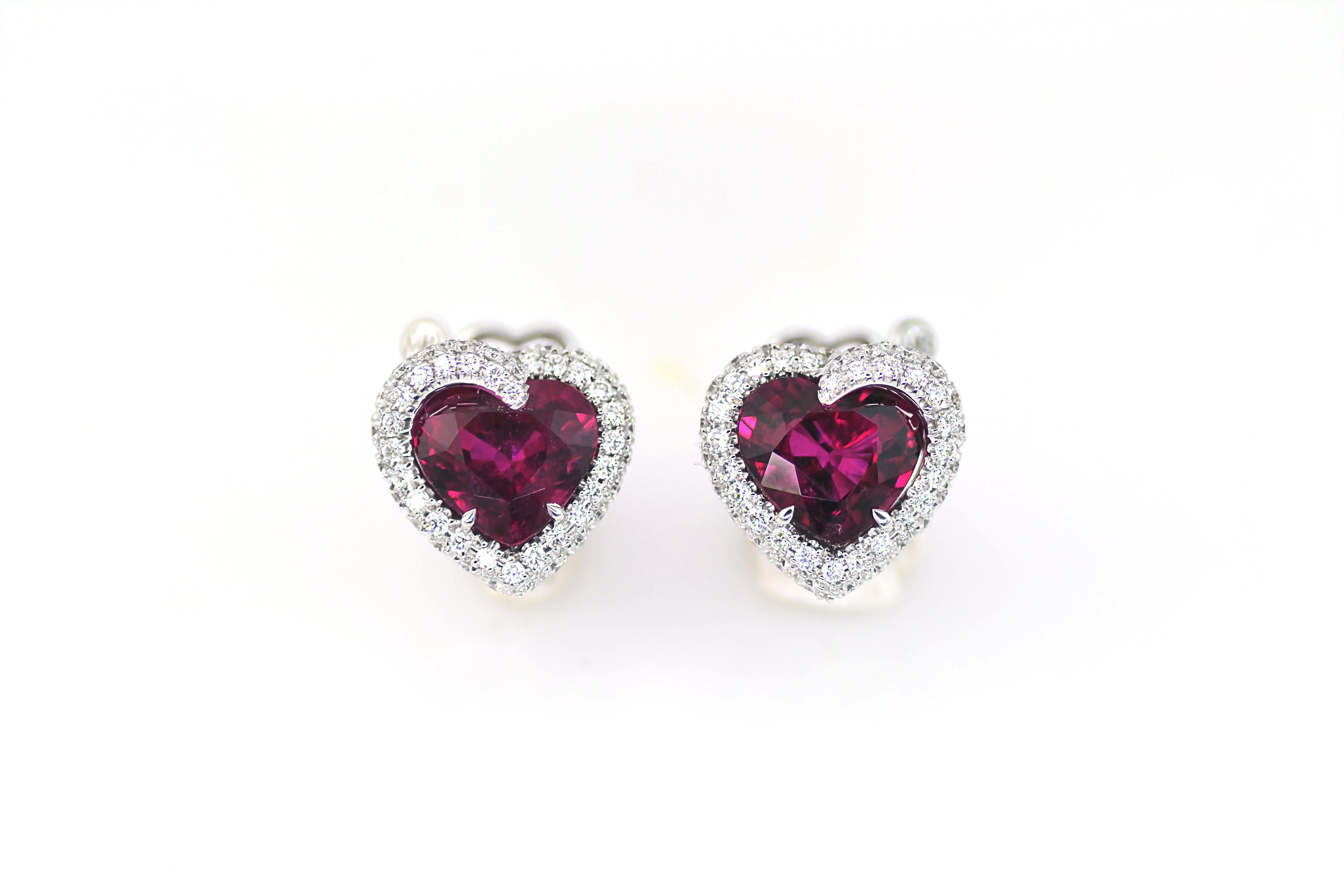 Rubellite Tourmaline Diamond 18 Kt White Gold Made in Italy Heart Earrings In New Condition For Sale In Valenza , IT