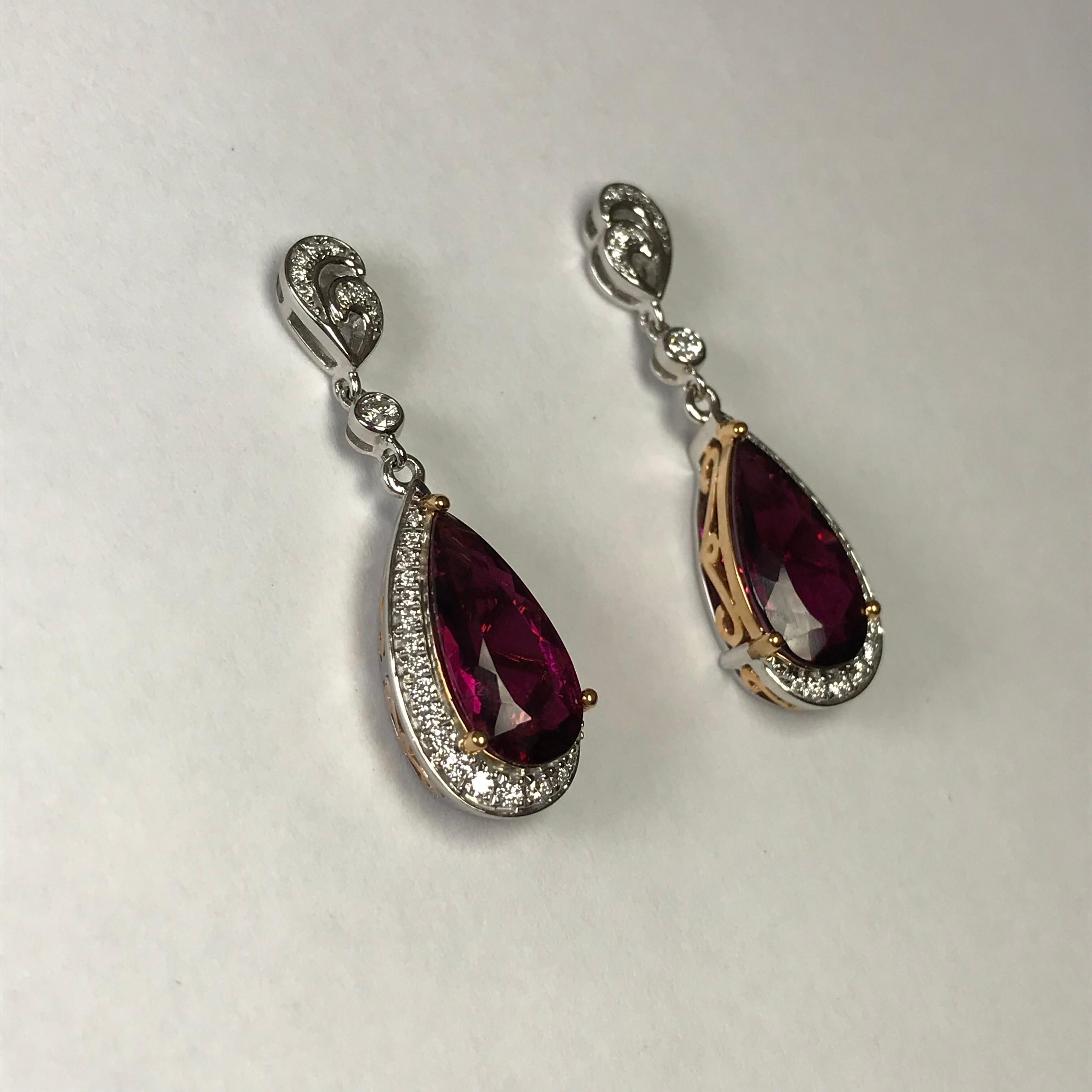 Pear Cut Rubellite Tourmaline Diamond and White Gold Drop Earrings For Sale