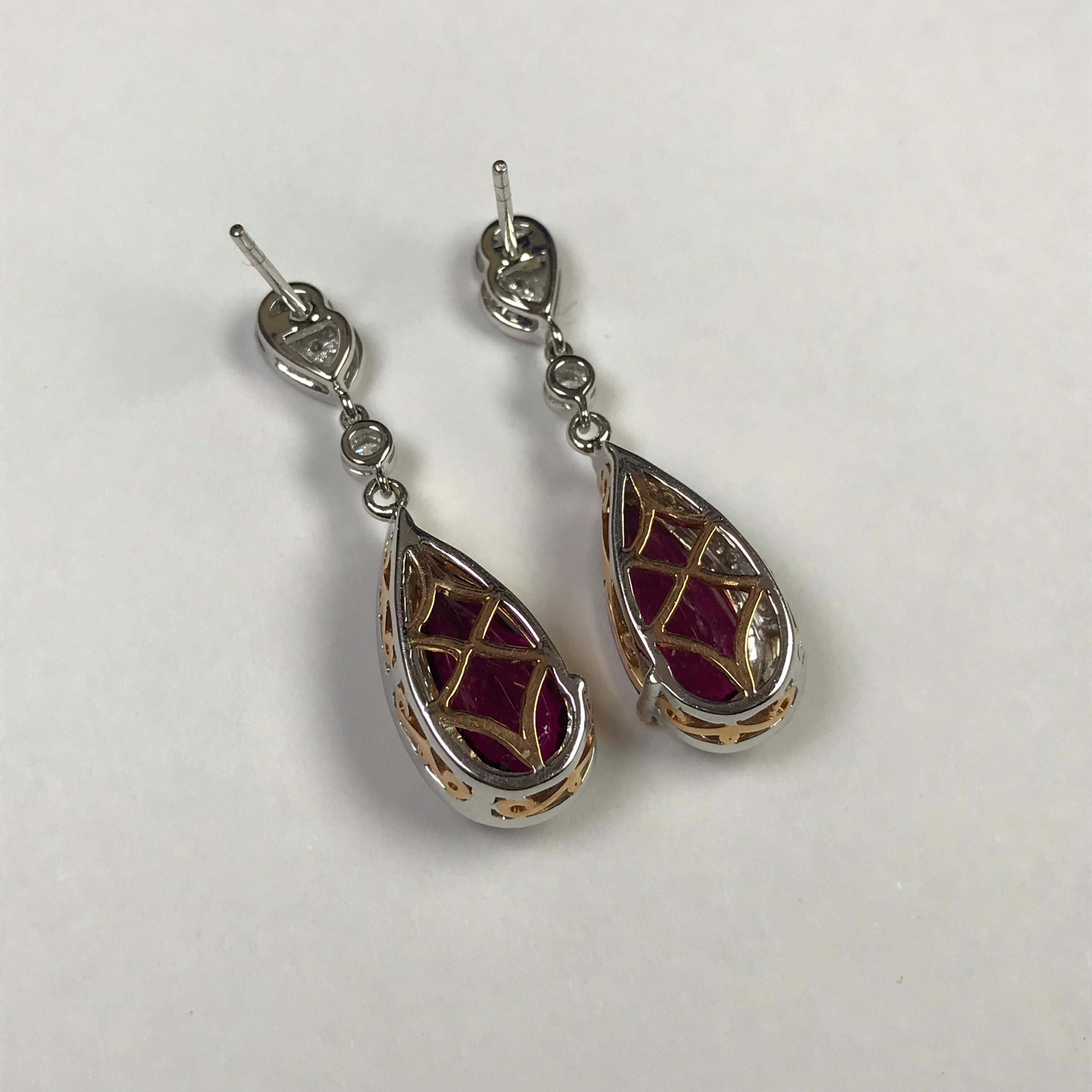 Rubellite Tourmaline Diamond and White Gold Drop Earrings In New Condition For Sale In San Francisco, CA