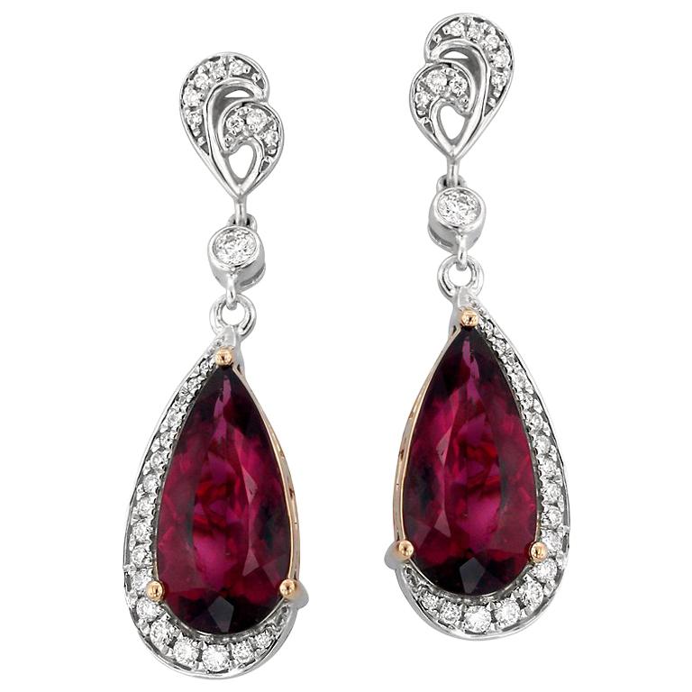 Rubellite Tourmaline Diamond and White Gold Drop Earrings For Sale