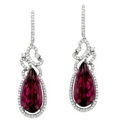 Rubellite Tourmaline Diamond and White Gold Drop Earrings