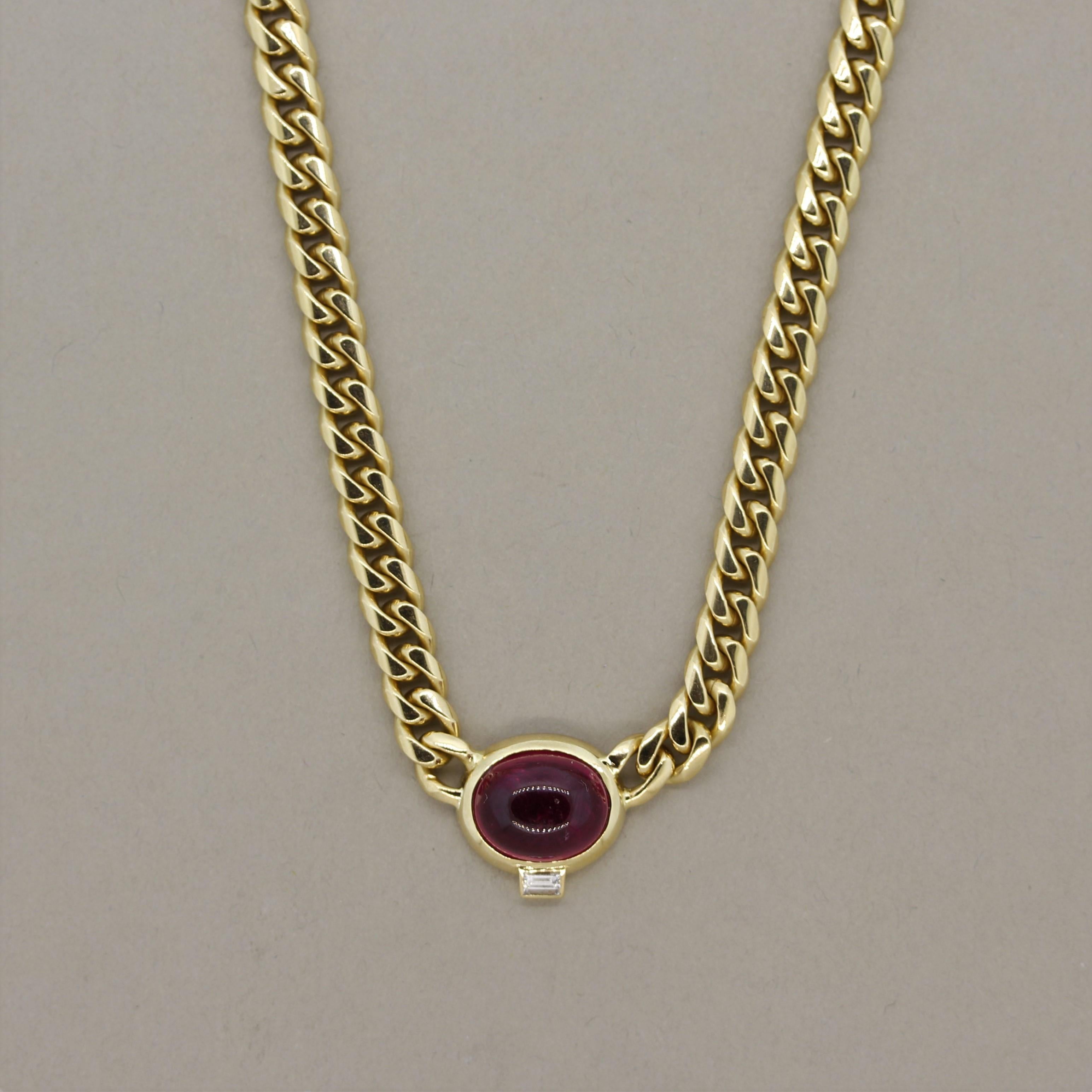 A chic and well-made curb link necklace set with a gem rubellite tourmaline. The tourmaline weighs 4.92 carats and has a magnificent vivid red color making it look like a fine ruby. Afterall, the top red tourmalines are given the name “rubellite” or
