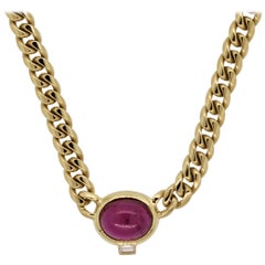 Rubellite Tourmaline Diamond Gold Curb-Link Necklace
