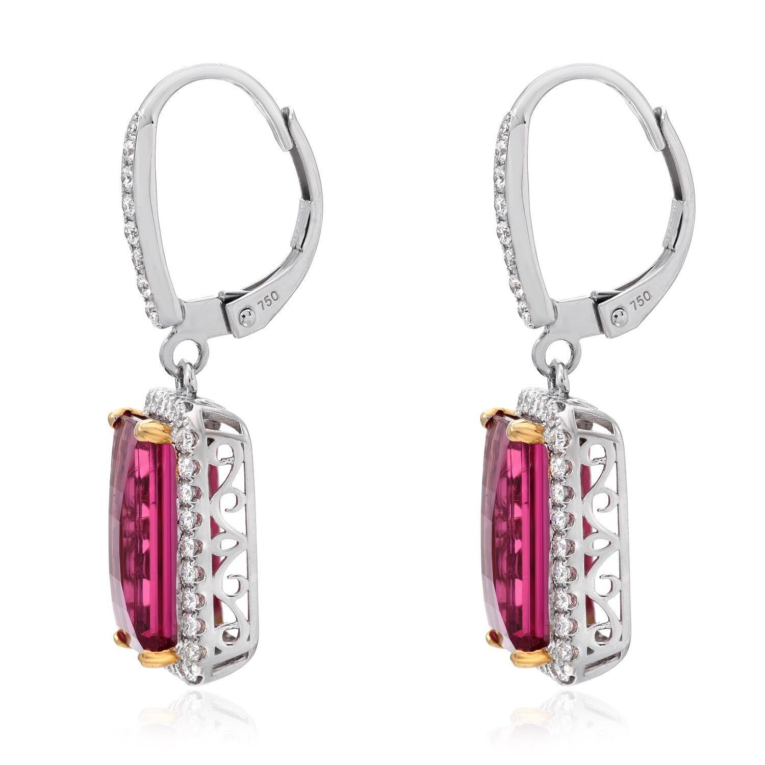 Rubellite Tourmaline emerald cut pair, weighing a total of 6.02 carats, is adorned by a total of 0.81 carat round brilliant diamonds, in these drop lever back 18K white gold earrings for women.
Length: 1