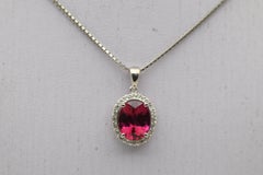Rubellite Tourmaline Diamond Halo Platinum Pendant