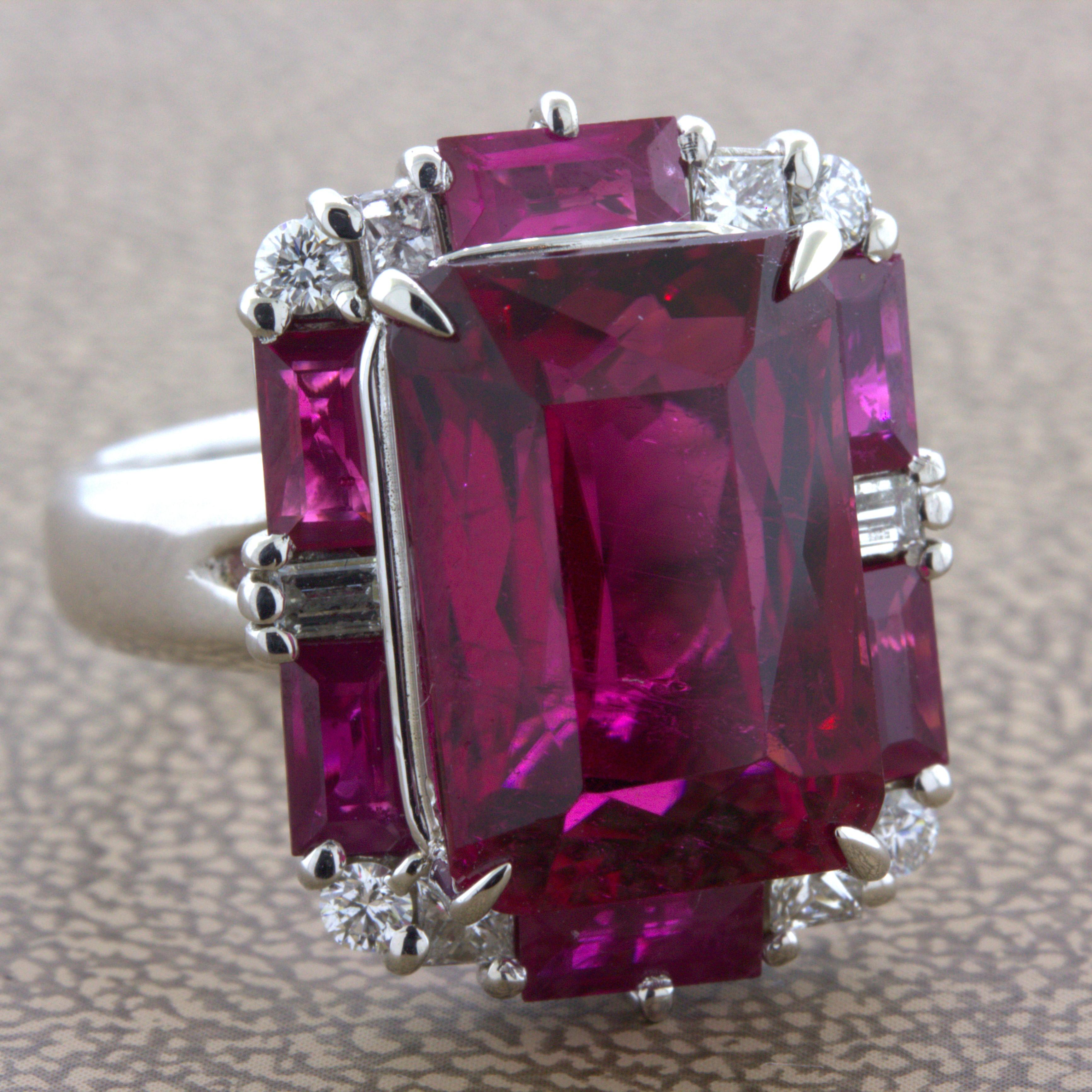 Rubellite Tourmaline Diamond Platinum Geometric Ring In New Condition For Sale In Beverly Hills, CA