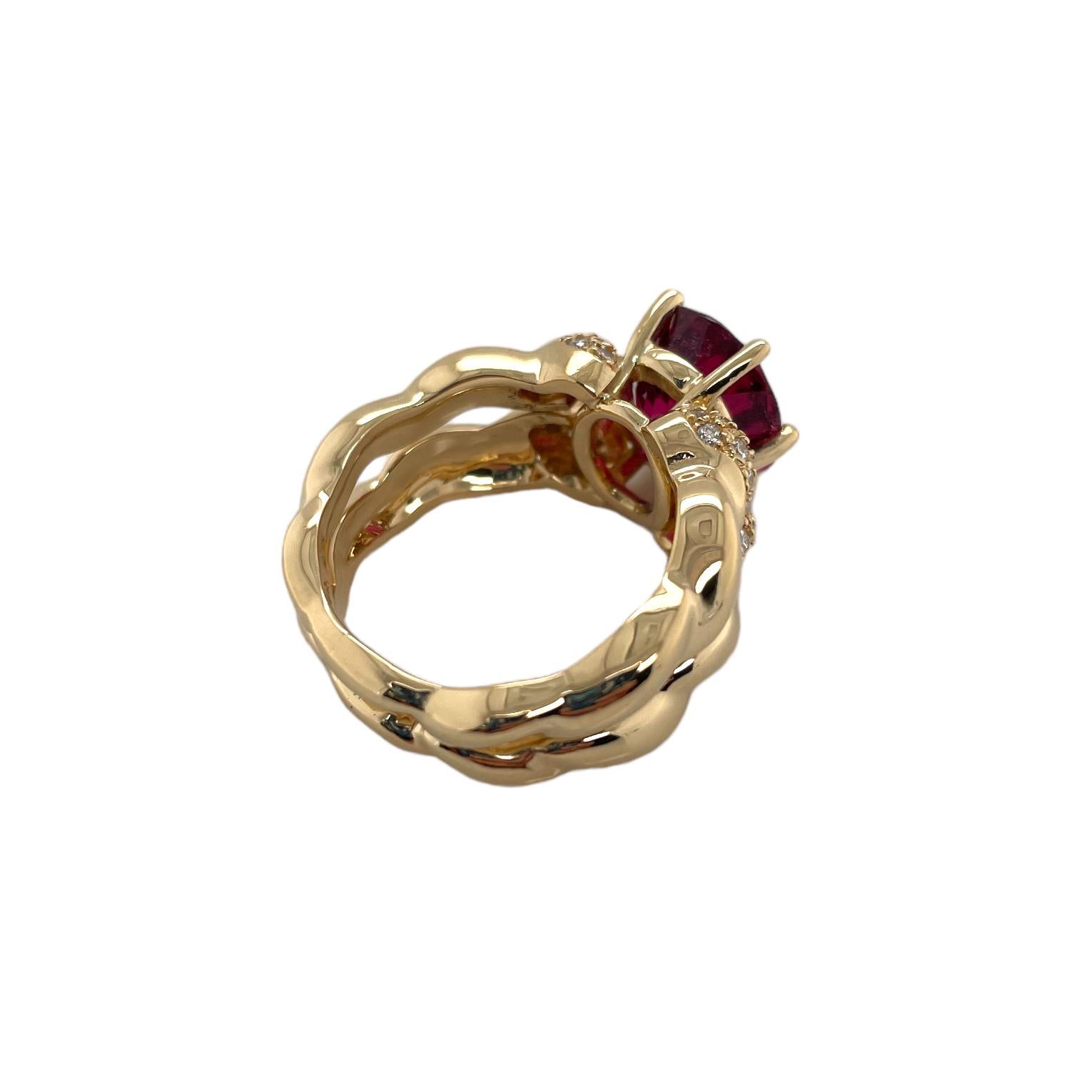 Romantic Rubellite Tourmaline & Diamond Ring in 18K Yellow Gold For Sale