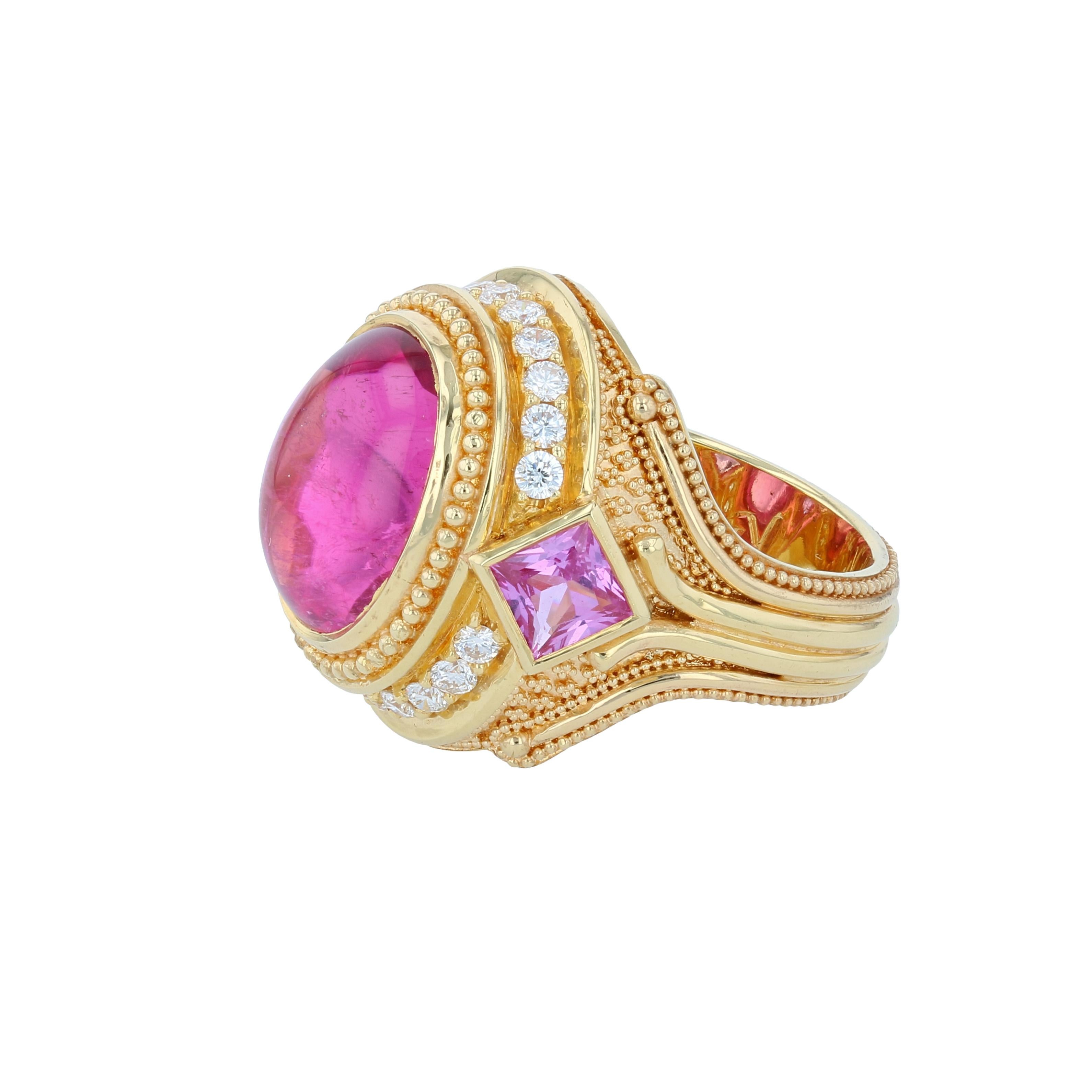 Artisan Rubellite Tourmaline, Diamond, Sapphire and 18 Karat Granulation Cocktail Ring For Sale