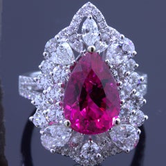 Rubellite Tourmaline Diamond Sunburst 18k White Gold Ring