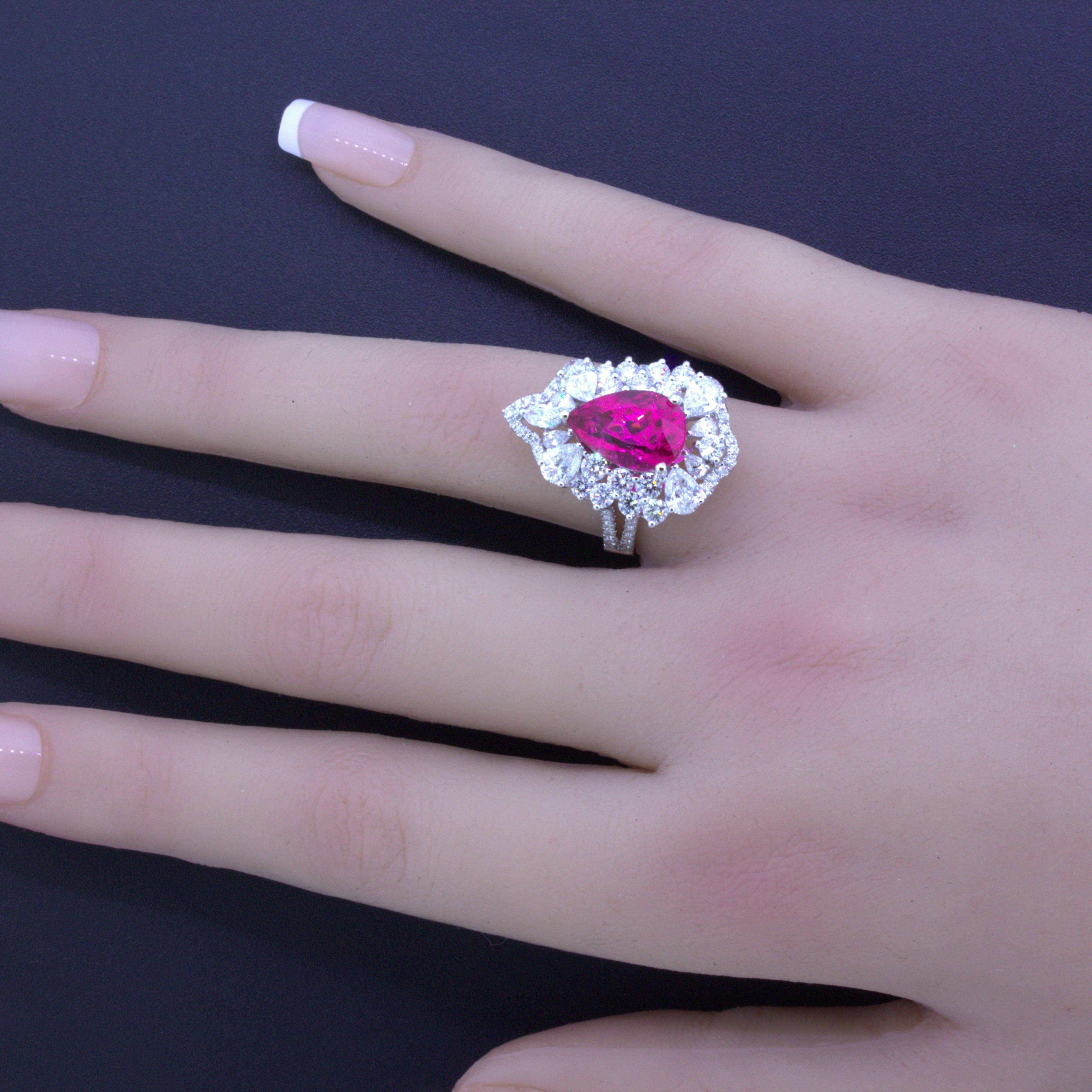 Women's Rubellite Tourmaline Diamond Sunburst 18k White Gold Ring For Sale