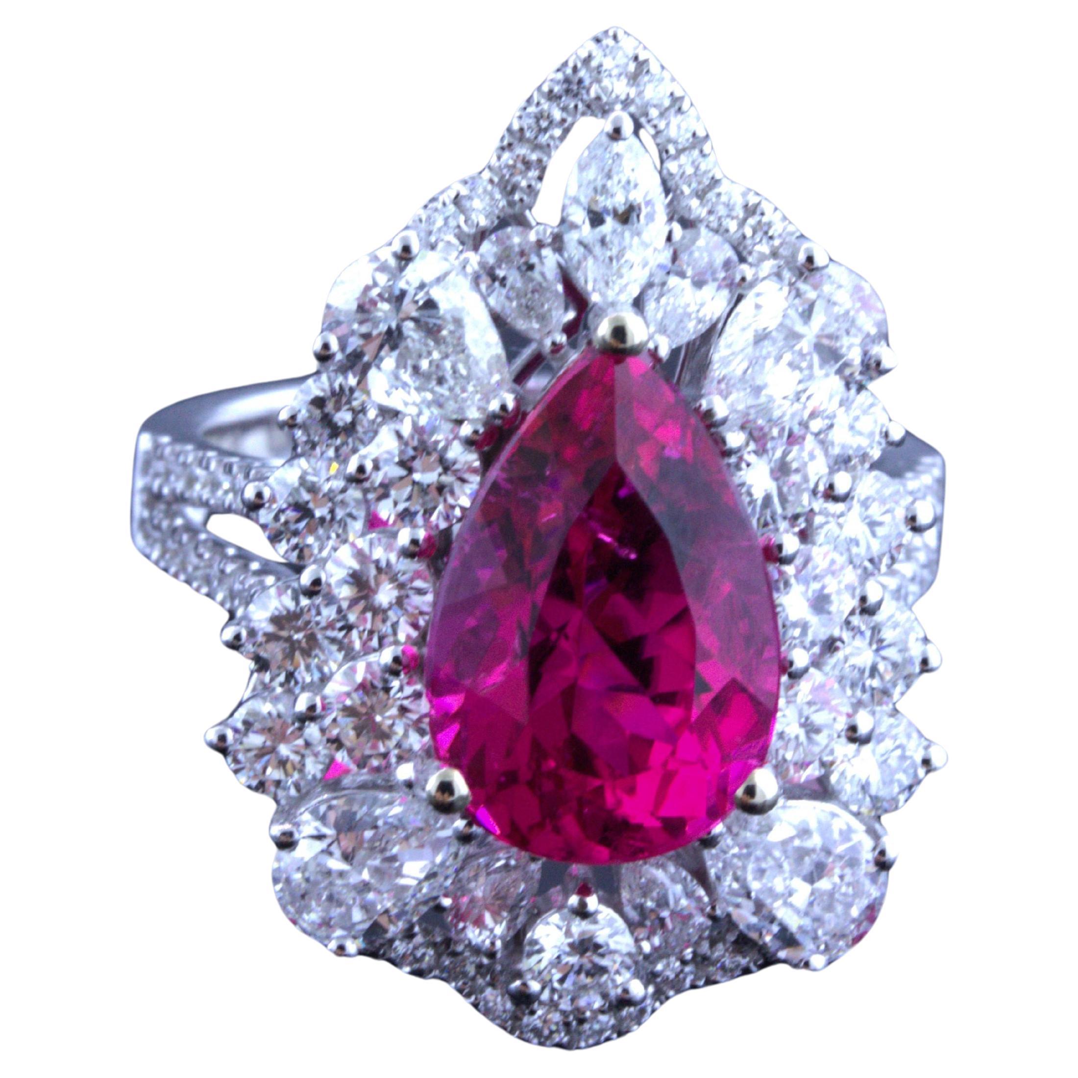 Rubellite Tourmaline Diamond Sunburst 18k White Gold Ring