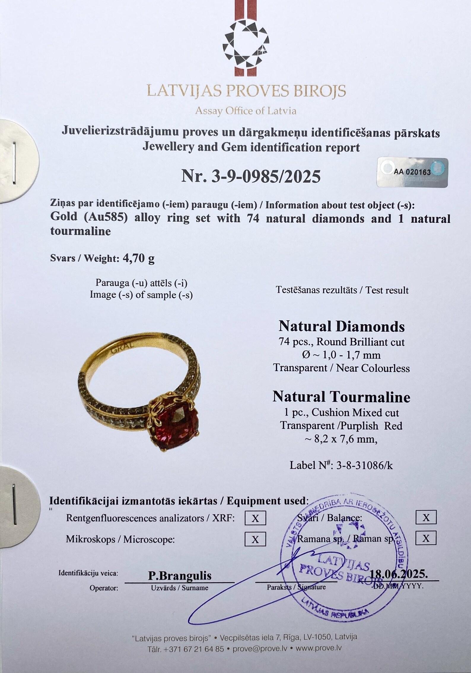 Bague en or jaune 14 carats, tourmaline rubellite, diamants, pierres précieuses naturelles, 7 US en vente 5